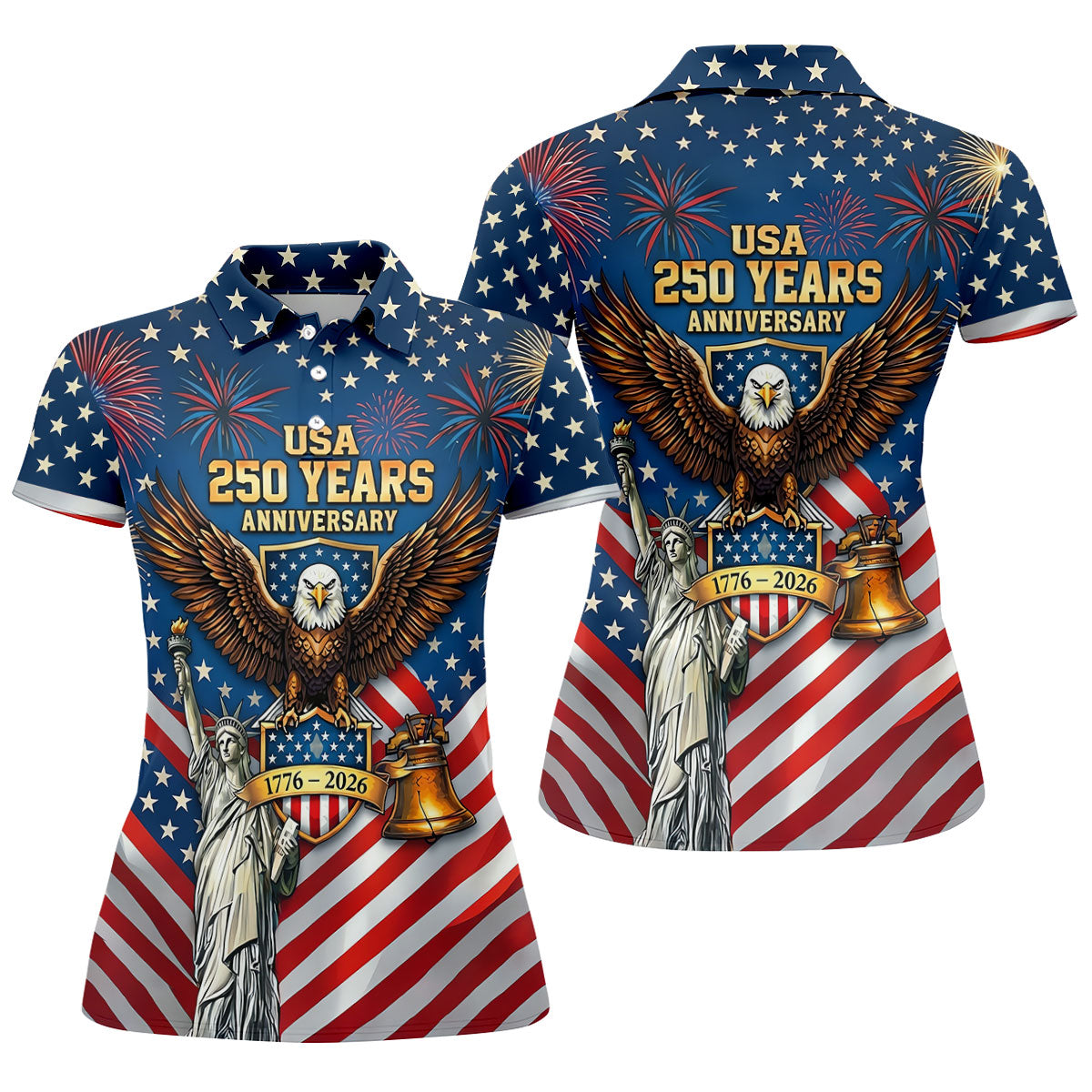 USA 250 Years Stars And Stripes Bald Eagle Golf Shirt, Patriotic 4th Of July Golf Shirt For Women
