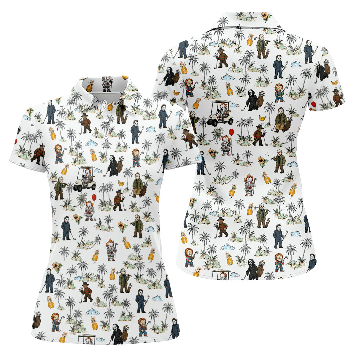 Mini Horror Character Halloween Golf Shirt, Women's Golf Apparel, Golf Polo For Women