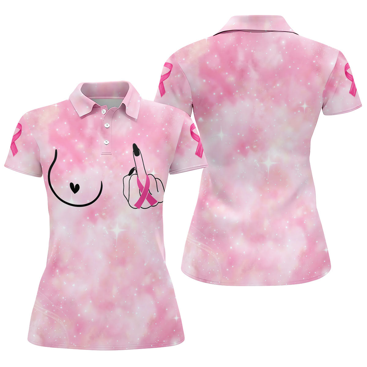 Pink Ribbon Middle Finger Breast Cancer Polo Shirt, Ladies Golf Shirt, Women's Golf Tops