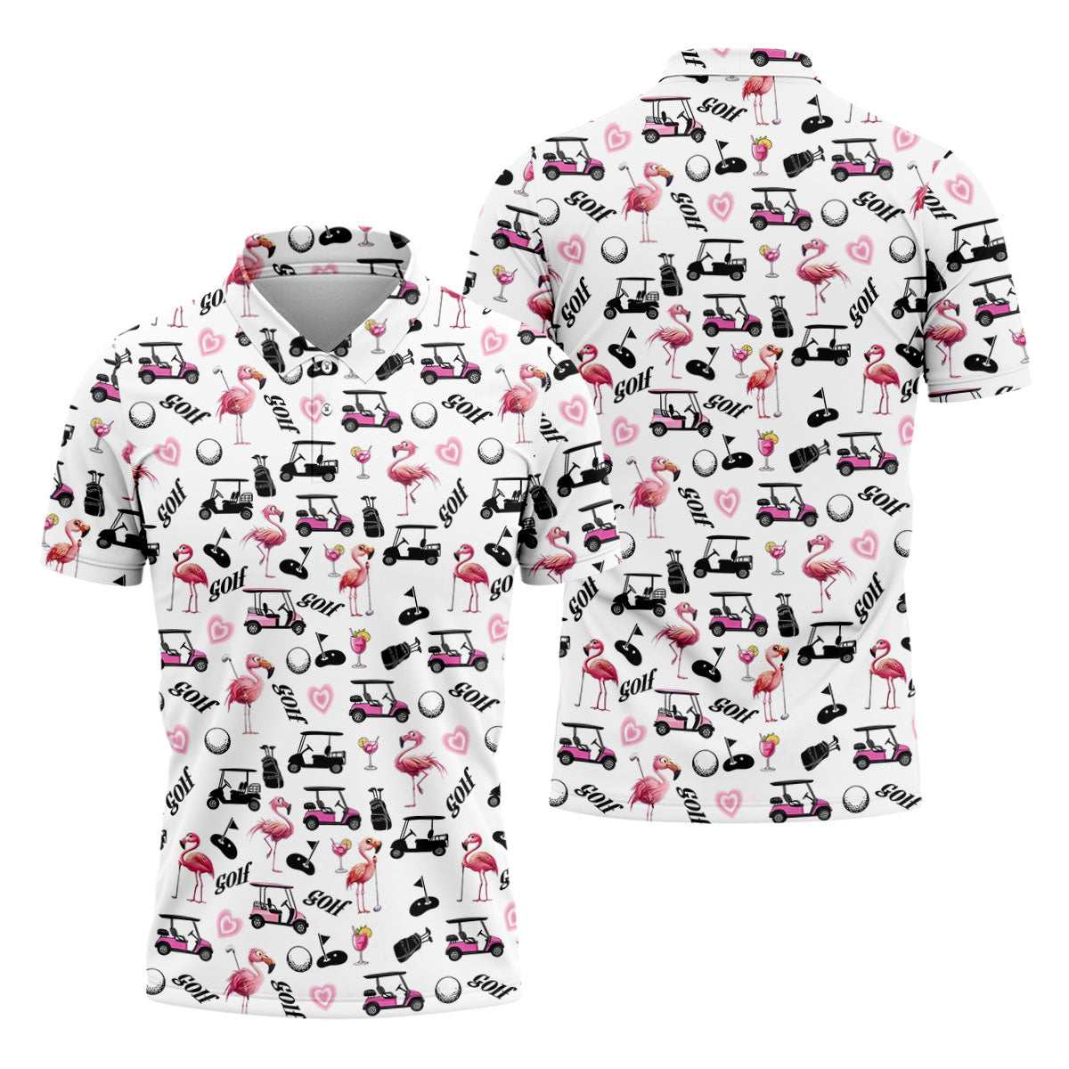 Pink Flamingo Golf Cart Martini Hawaiian Golf Shirt, Mens Golf Polo, Printed Golf Shirts