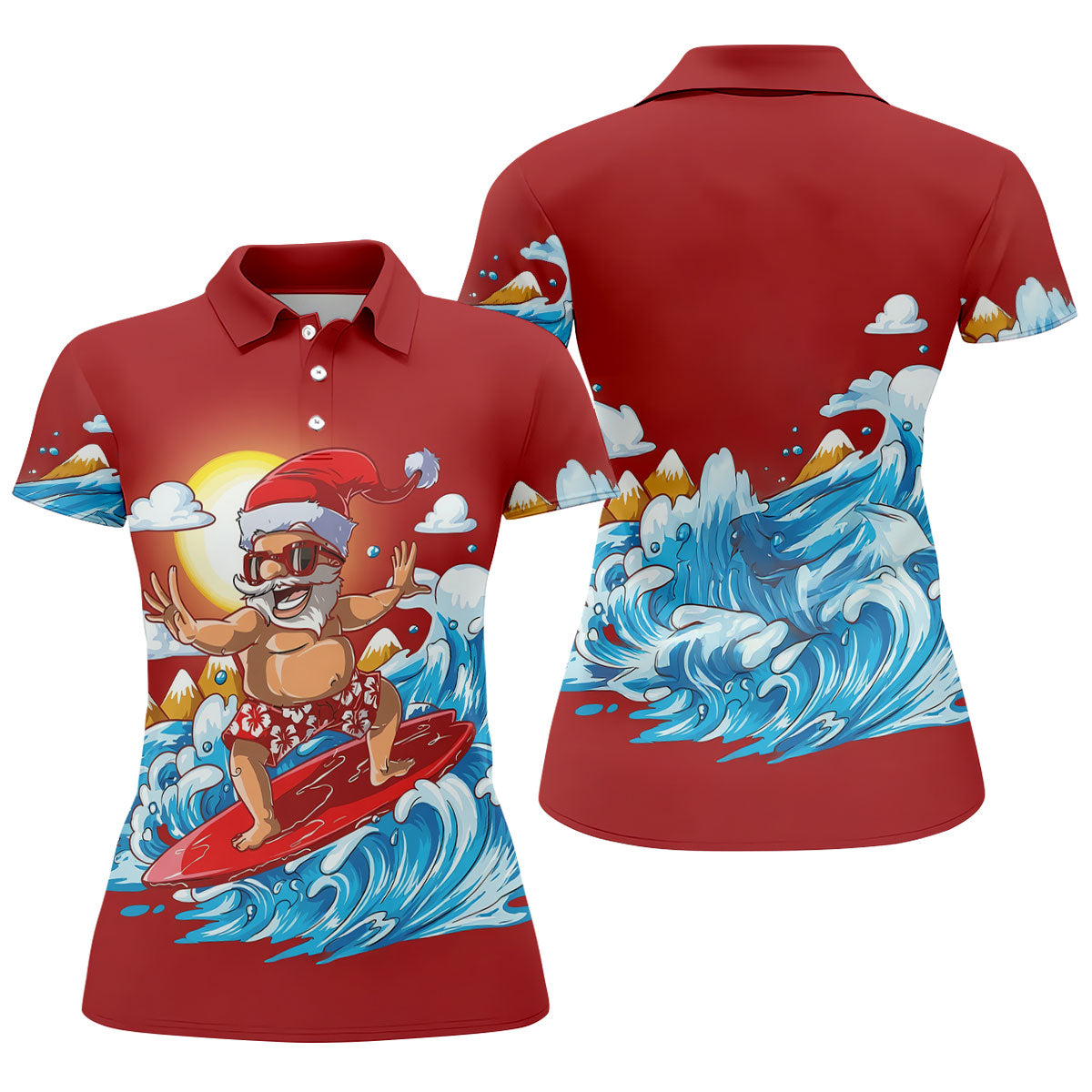 Women's Funny Santa Surfing Golf Shirt, Christmas Golf Shirt, Women’s Golf Apparel
