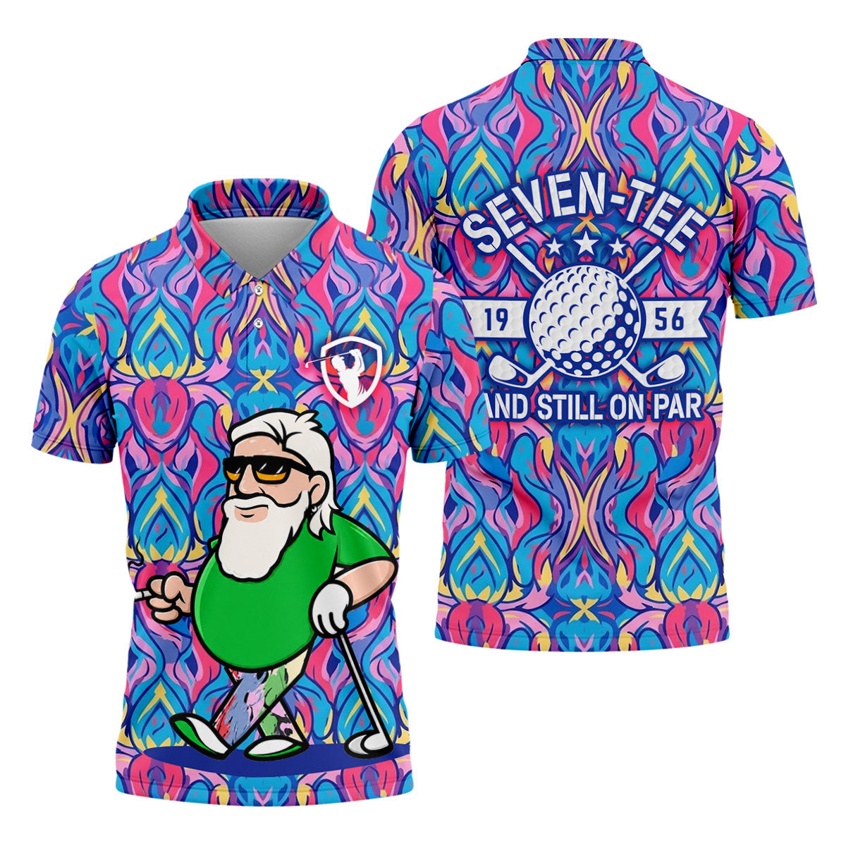 Colorful Psychedelic Santa Golfer Print Men's Golf Shirt, Mens Golf Apparel, Hawaiian Golf Shirt