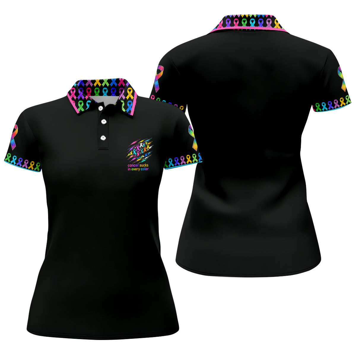 Cancer Sucks In Every Color Awareness Ribbon Golf Polo Shirt, Women's Golf Polo