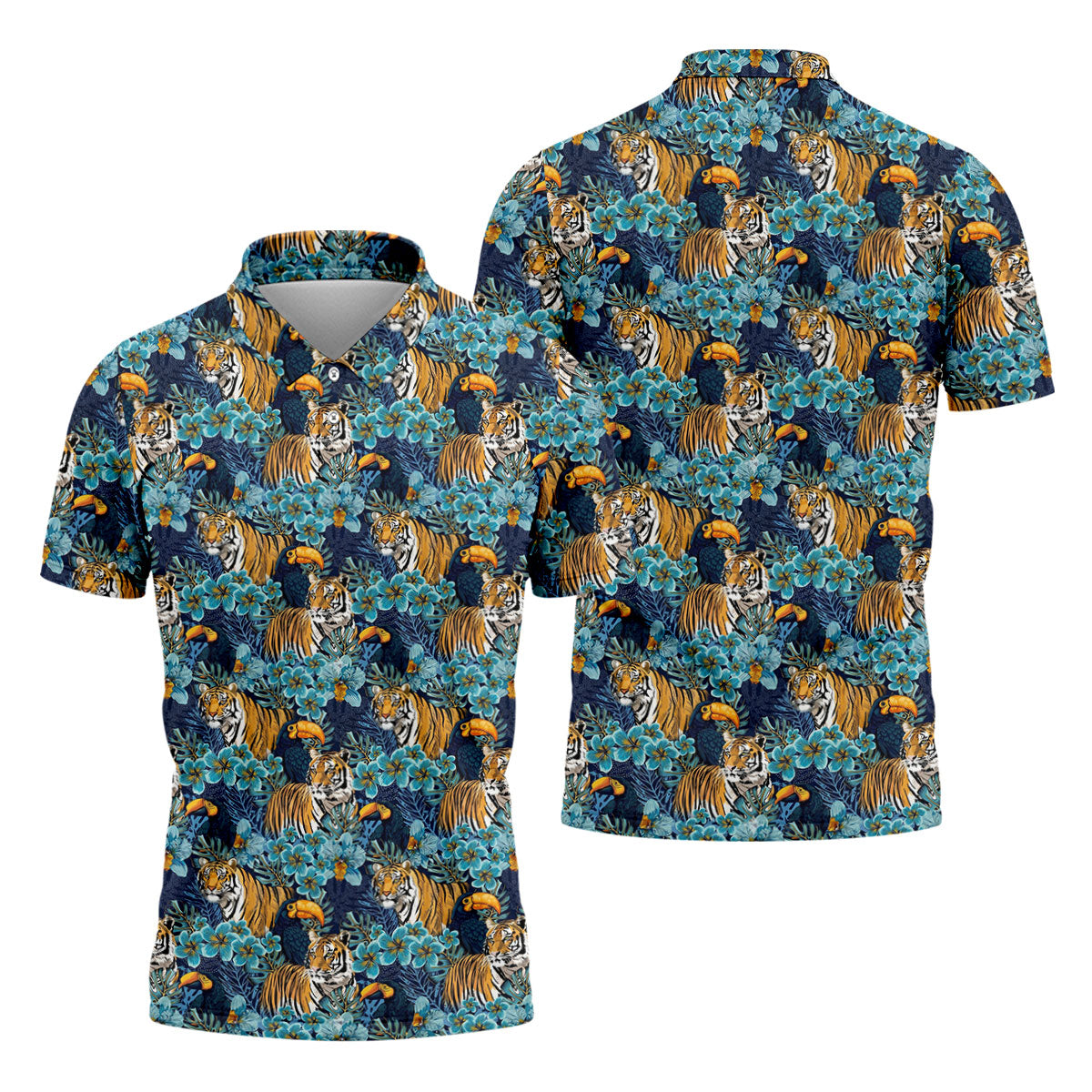 Tiger And Toucan Tropical Foliage Hawaiian Golf Shirt, Polo Shirts For Men, Golfing Apparel
