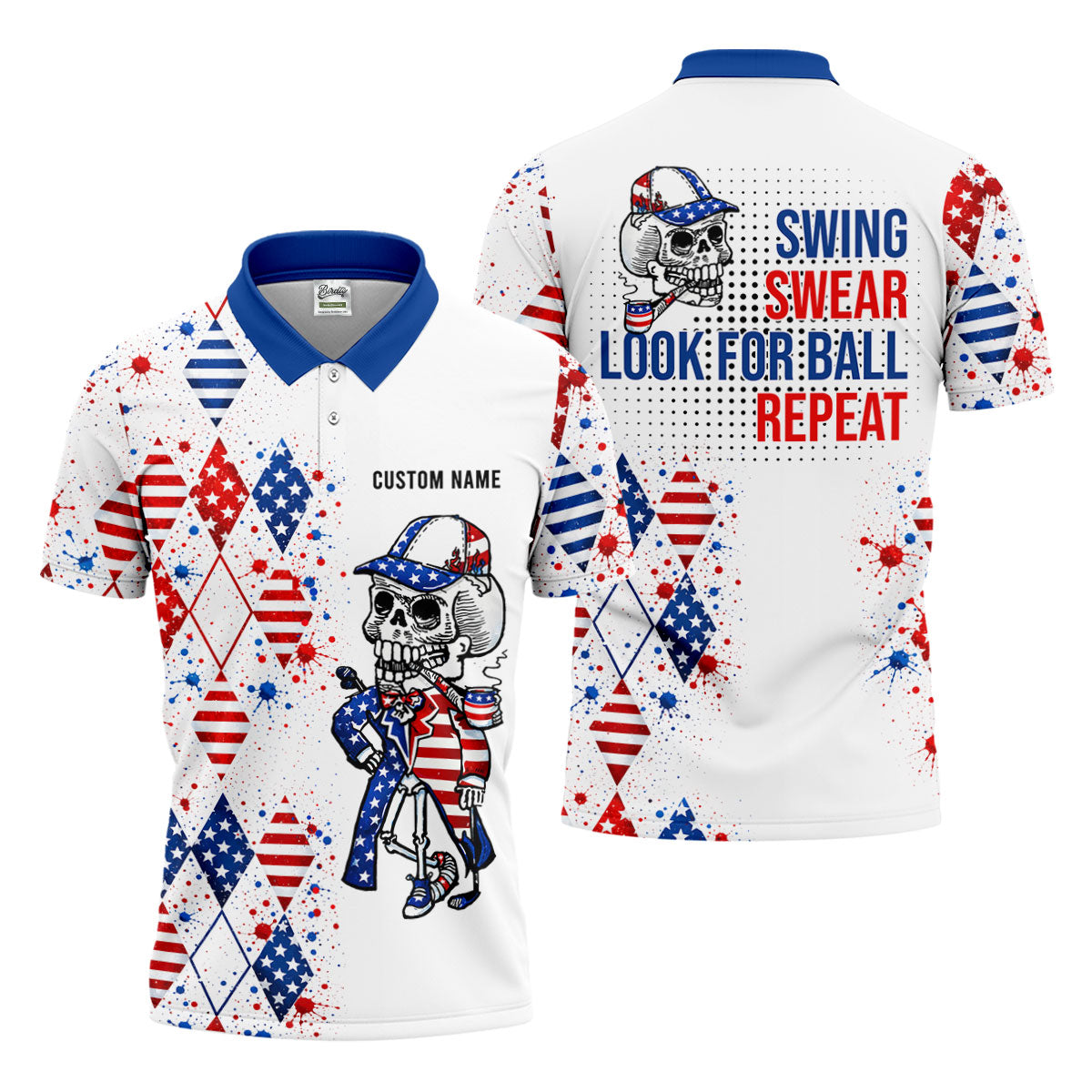 Swing Swear Look For Ball Repeat Red White Blue Argyle Golf Shirt, 250 Years Golf Shirts For Men