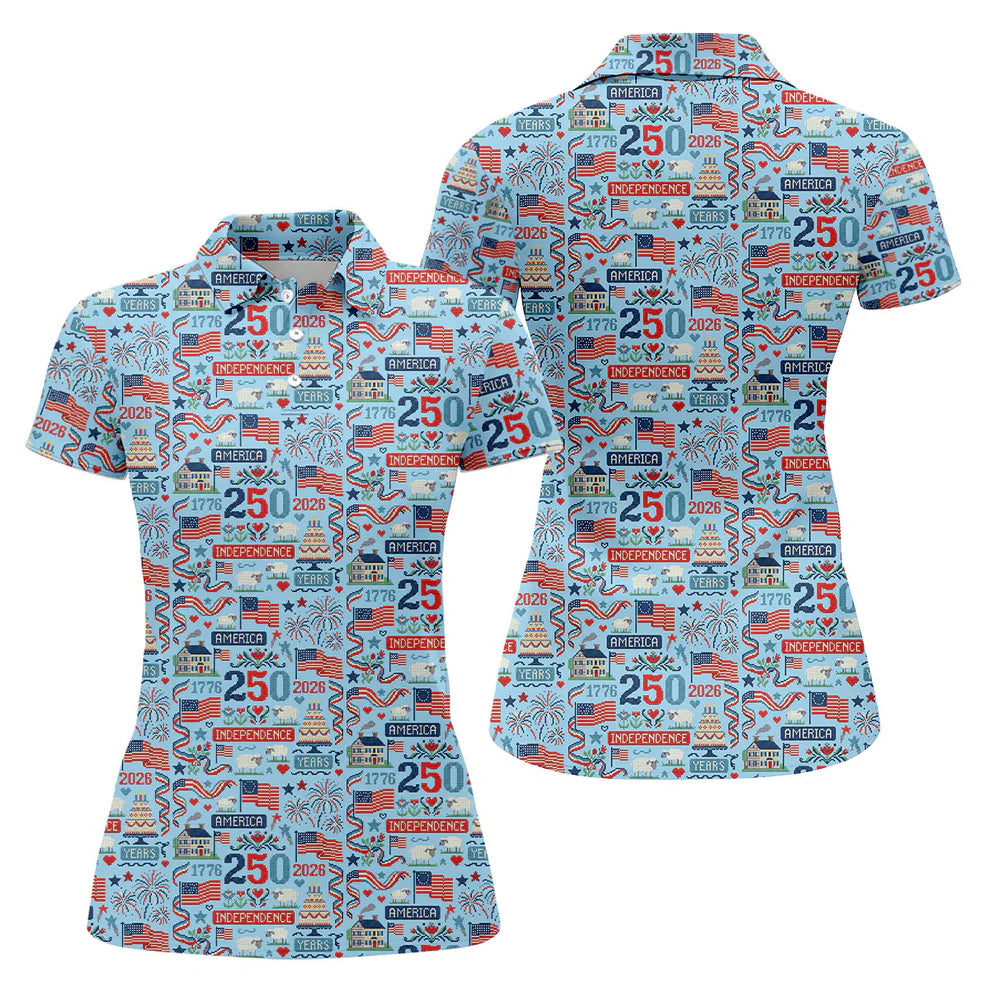 America Independence 250 Years Blue Golf Shirt, Patriotic 4th Of July Golf Shirt For Women