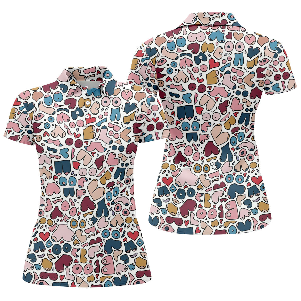 Funny Adult Body Parts Doodle Print Women's Golf Tops, Golf Shirts For Women, Printed Golf Shirt