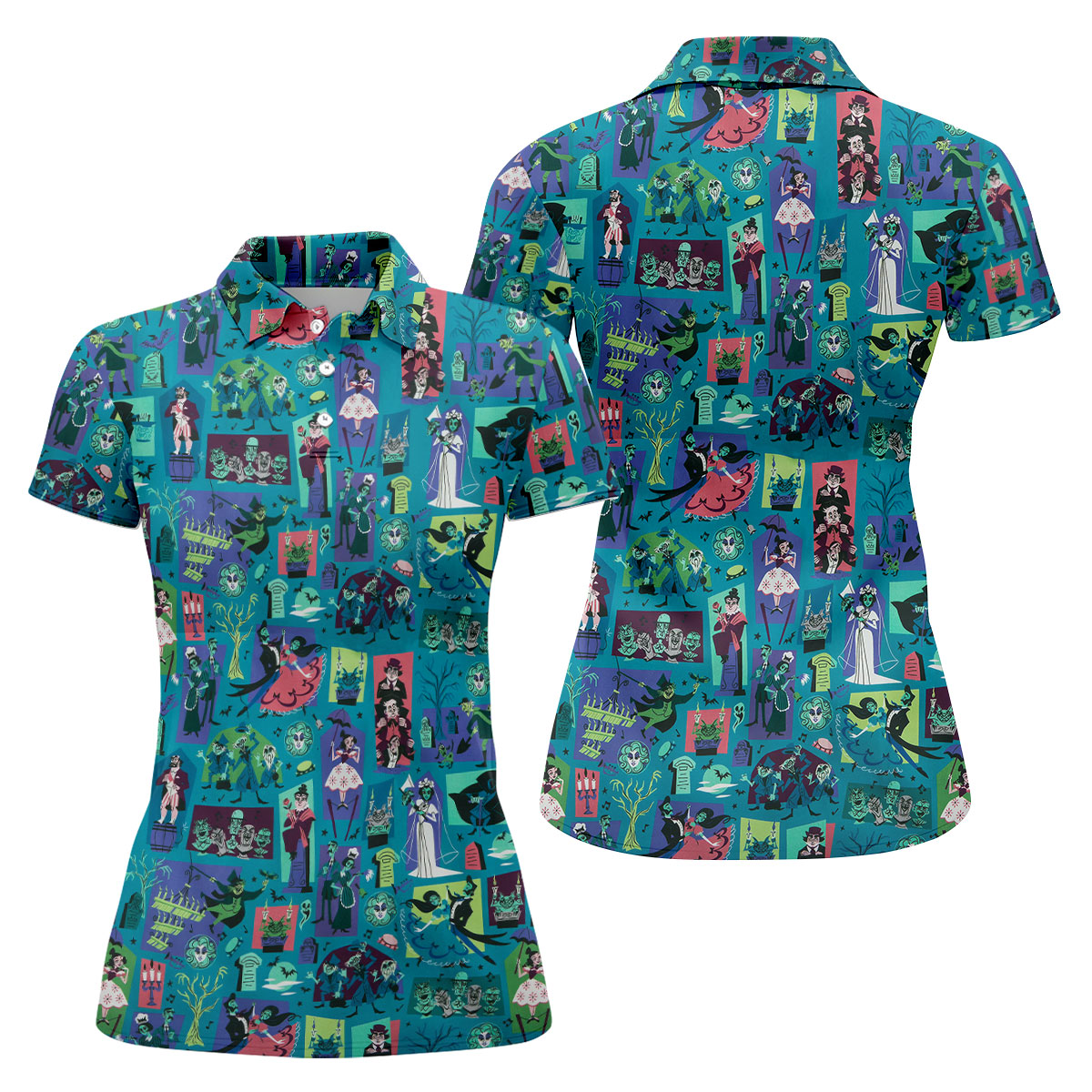 Retro Haunted House Halloween Golf Polo Shirt, Horror Character Halloween Shirt, Women's Golf Polo