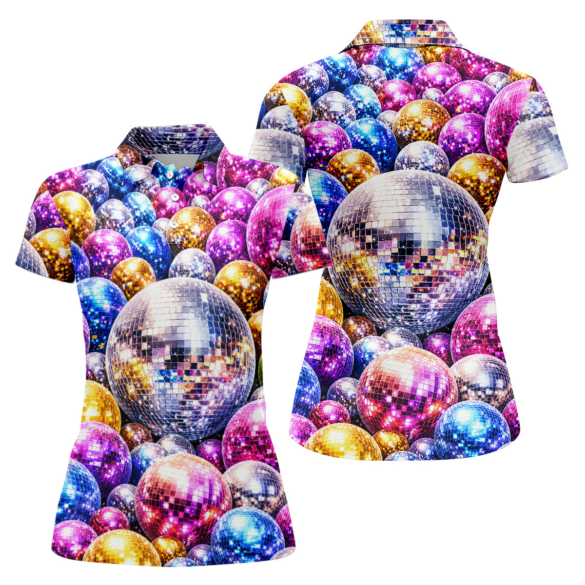 Colorful Disco Ball Party Pattern Polo Shirt, Womens Golf Tops, Golf Shirts For Women