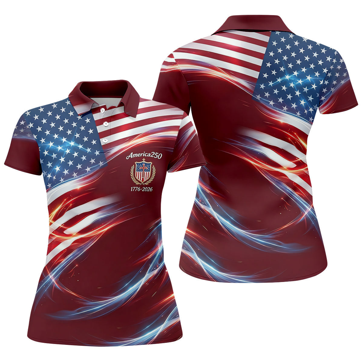 America 250 Light Effect American Flag Golf Shirt, Patriotic 4th Of July Golf Shirt For Women