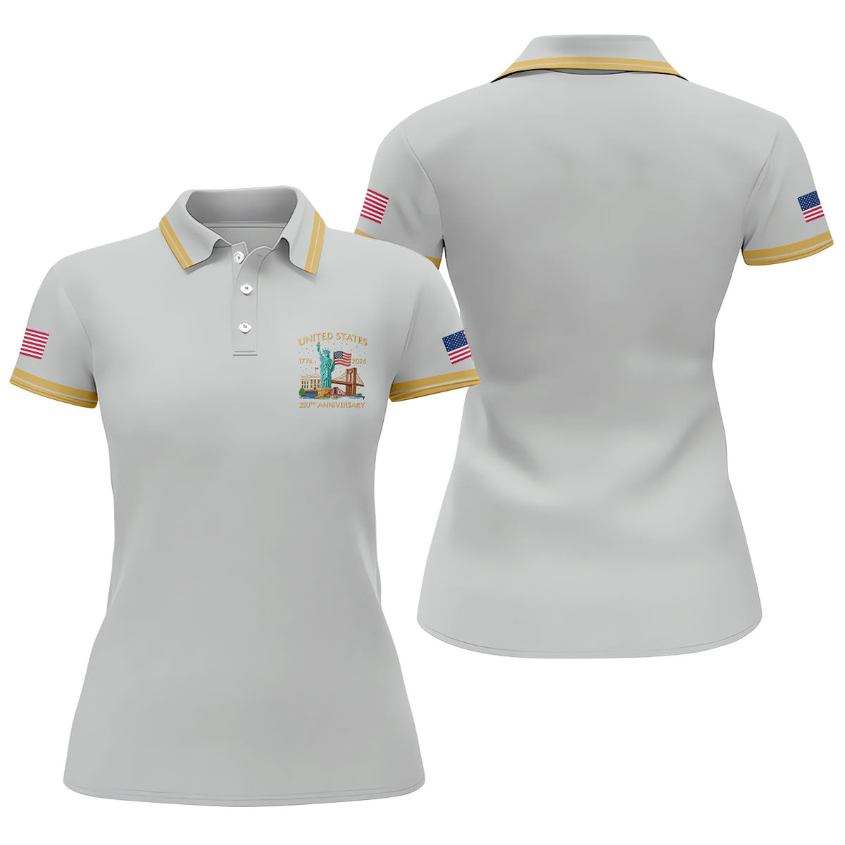 American Symbols Grey Patriotic Golf Shirt, US 250 Years 4th Of July Golf Shirt For Women