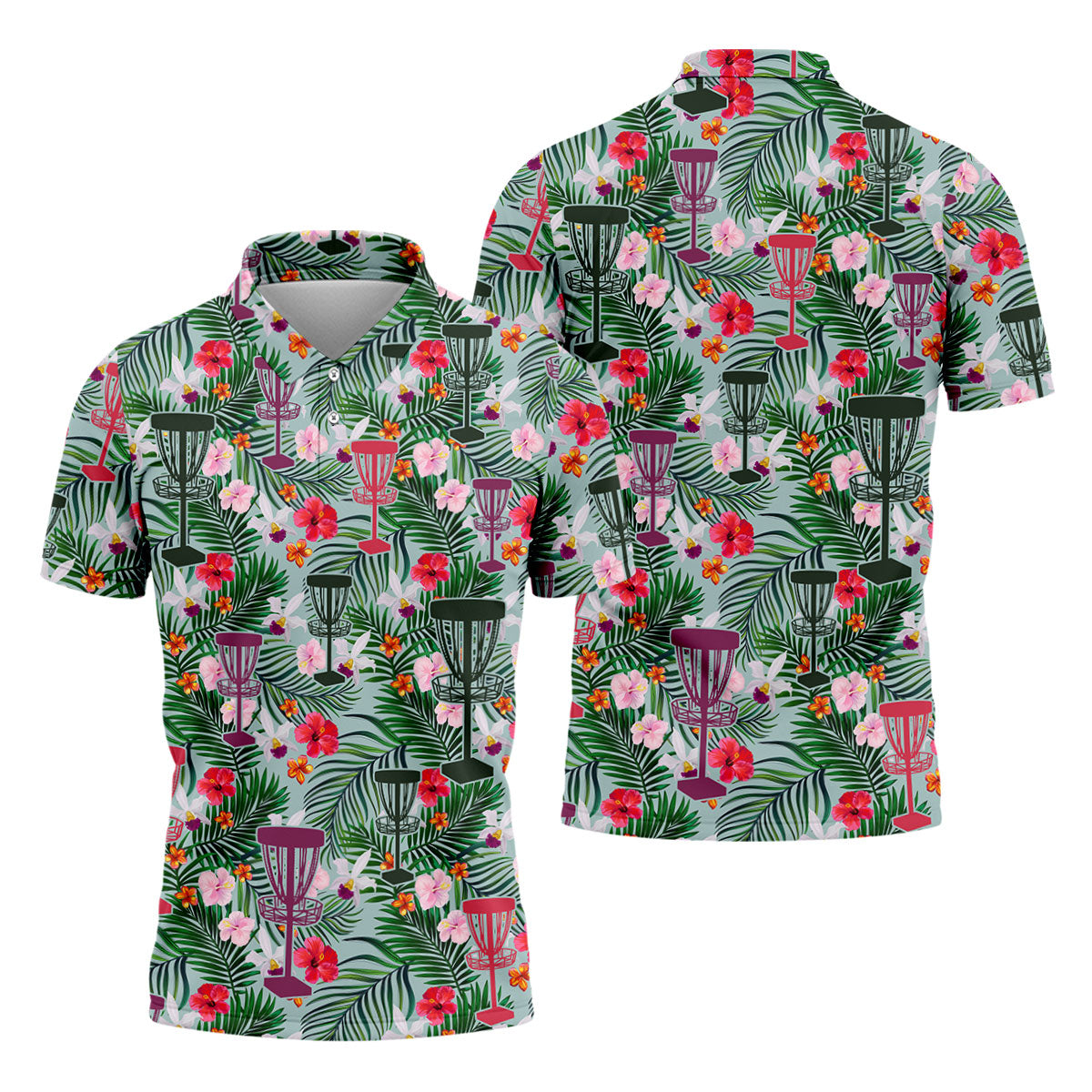Tropical Disc Golf Basket Floral Polo Shirt, Hawaiian Golf Shirt, Golf Polo Shirts For Men