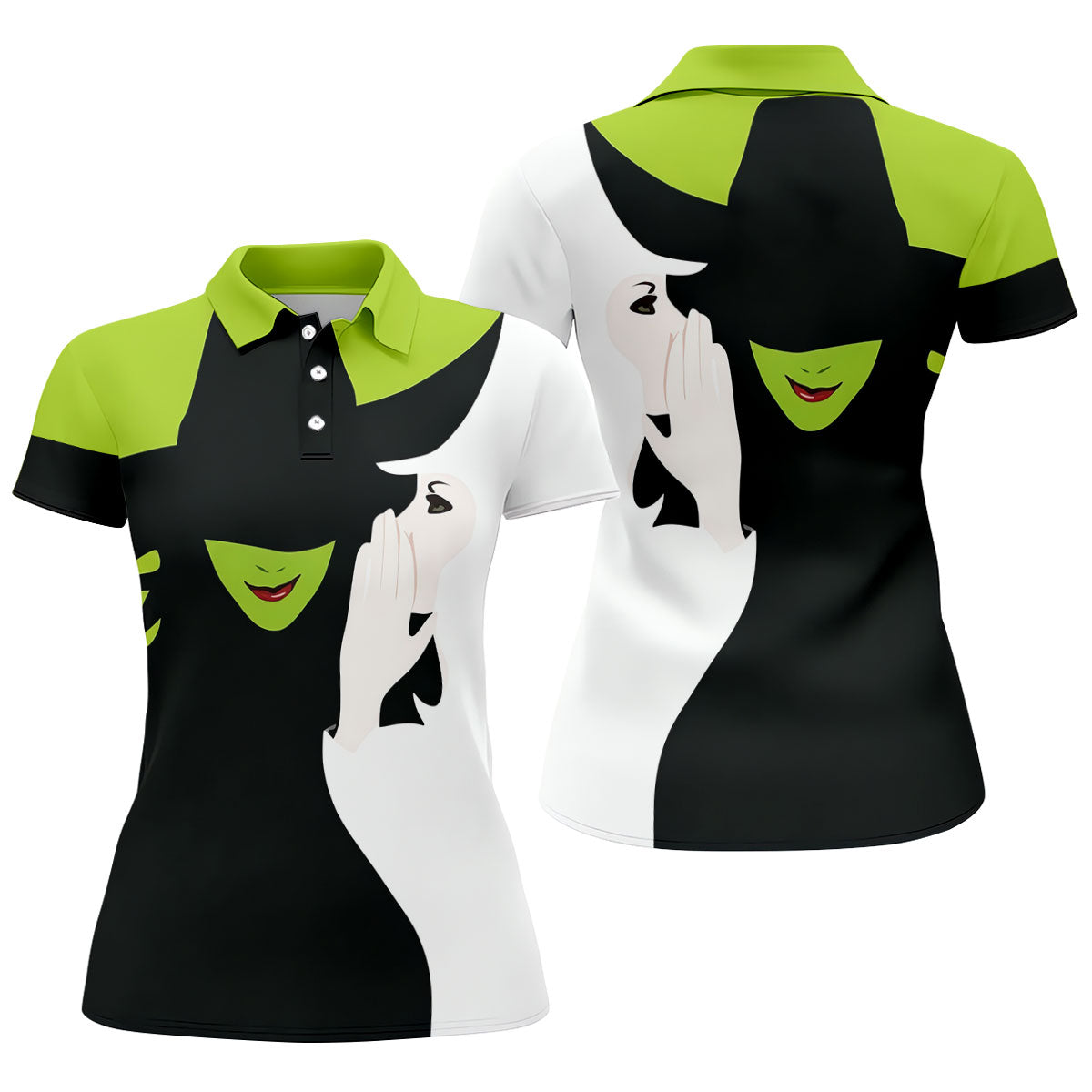 Green & White Witch Faces Halloween Golf Polo Shirt, Golf Tops For Women, Women's Golf Polo