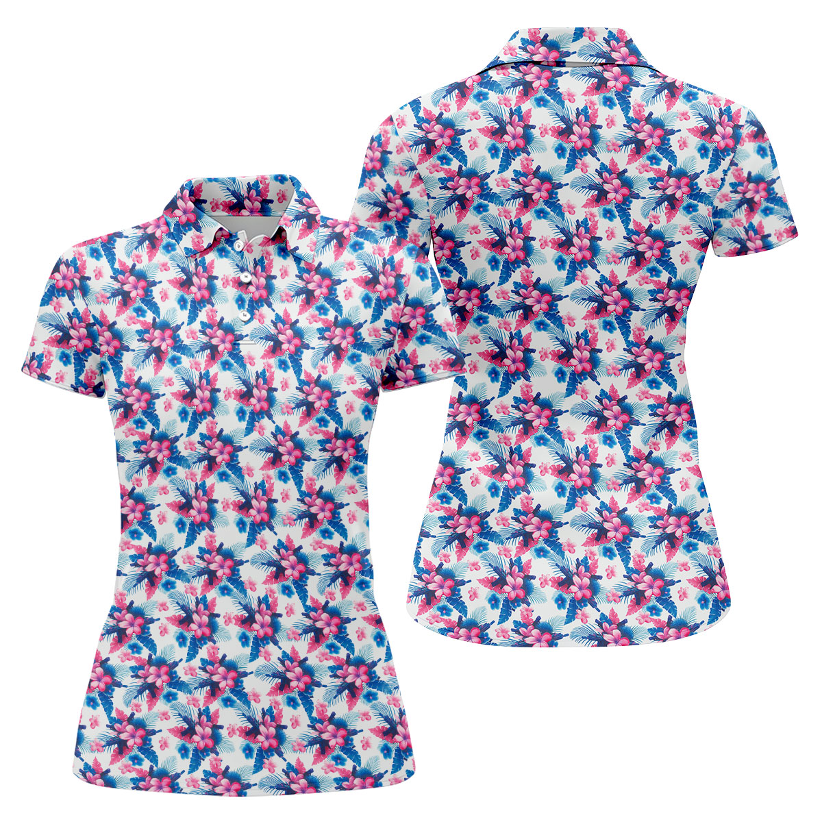 Pink Blue Tropical Floral Hawaiian Golf Shirt, Vibrant Color Golf Shirt For Women