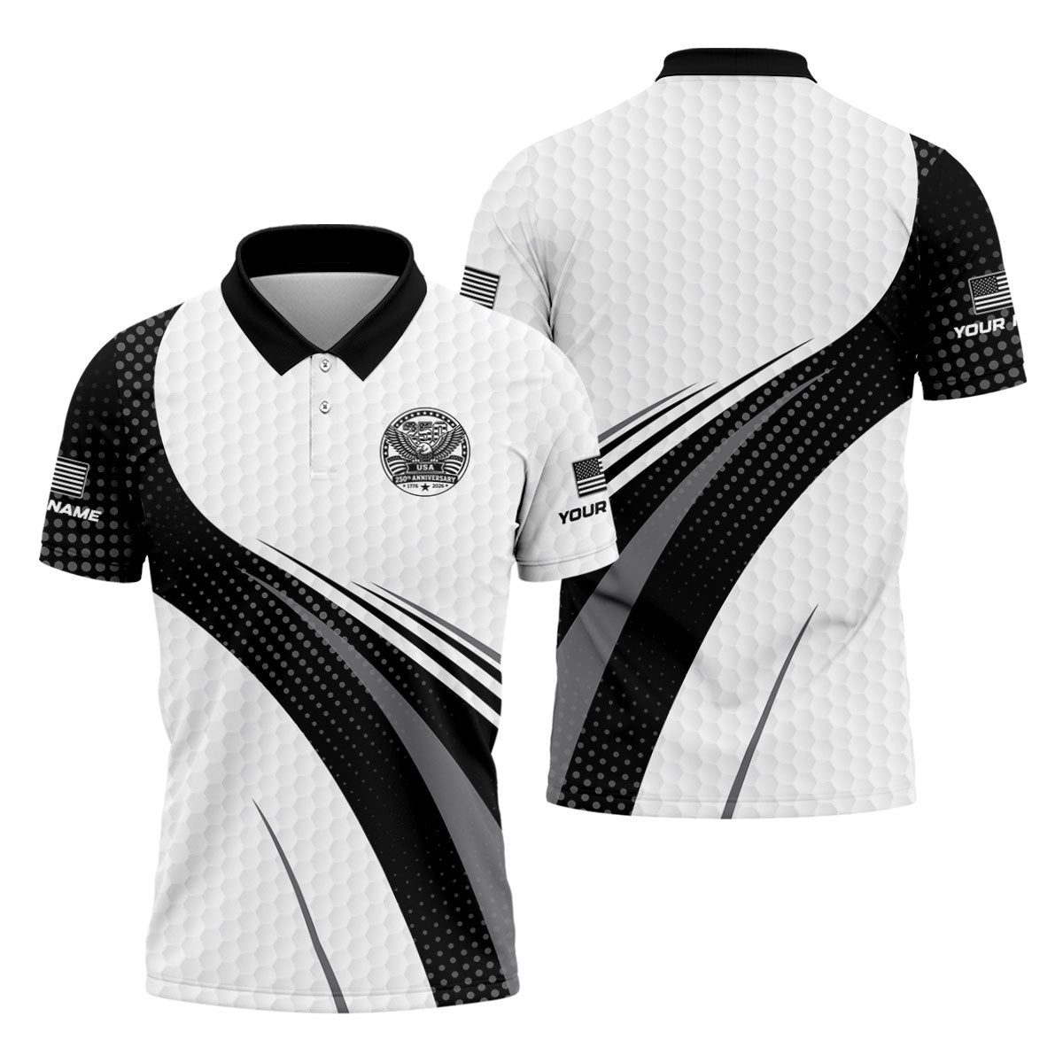 USA 250th Anniversary Black And White Golf Ball Pattern Golf Tops For Men, Patriotic Golf Shirts For Men