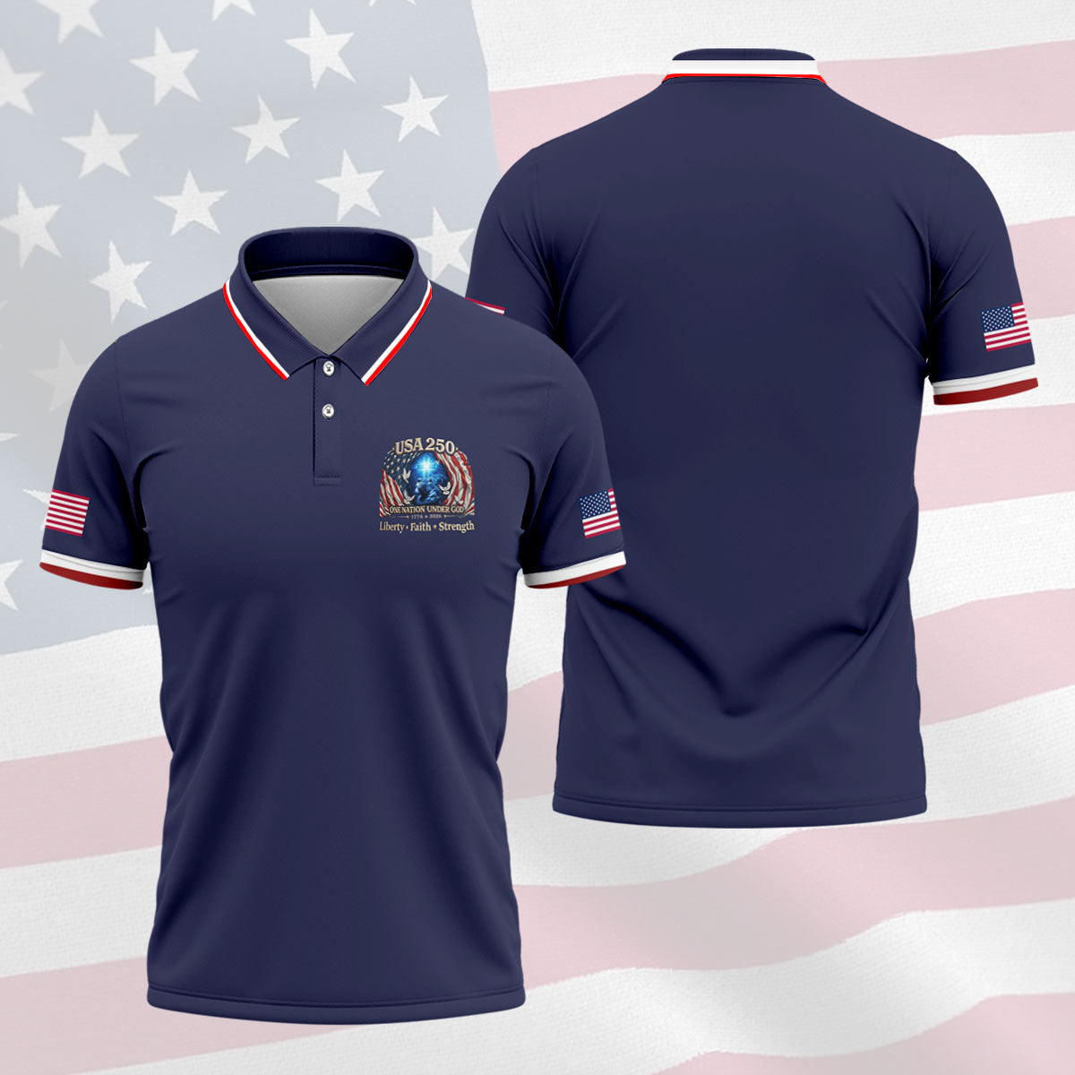 One Nation Under God Faith Cross USA 250 Logo Navy Golf Shirt, 4th Of July Golf Shirts For Men