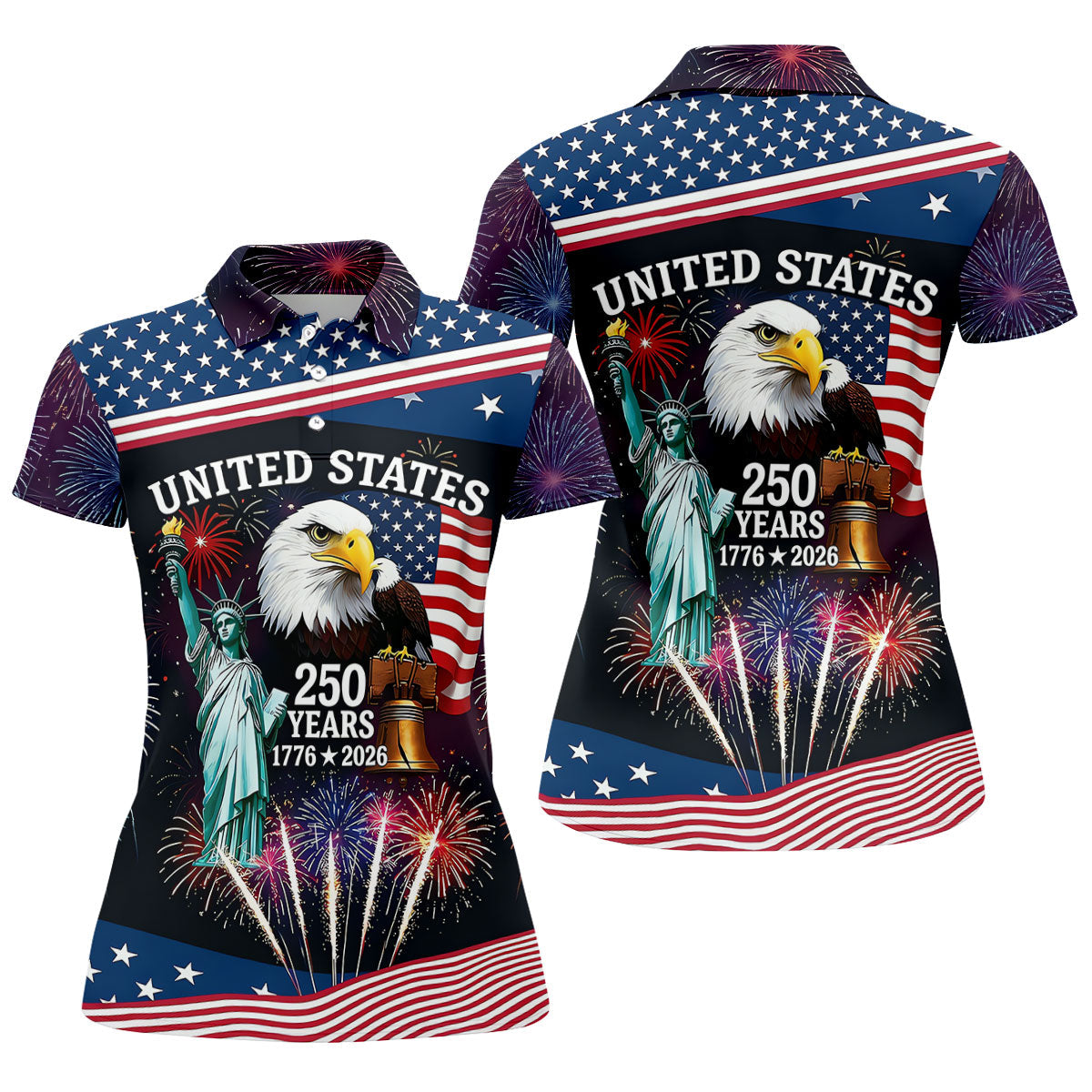 250 Years American Symbols US Flag Golf Shirt, Patriotic 4th Of July Golf Shirt For Women