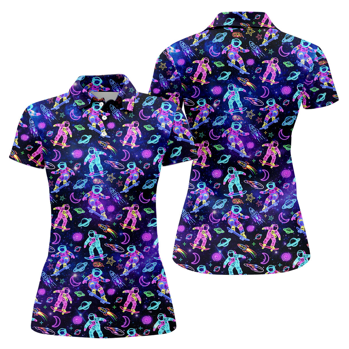 Neon Astronaut Skateboarding Galaxy Polo Shirt, Women’s Golf Polo, Golf Shirts For Women, Printed Golf Shirt