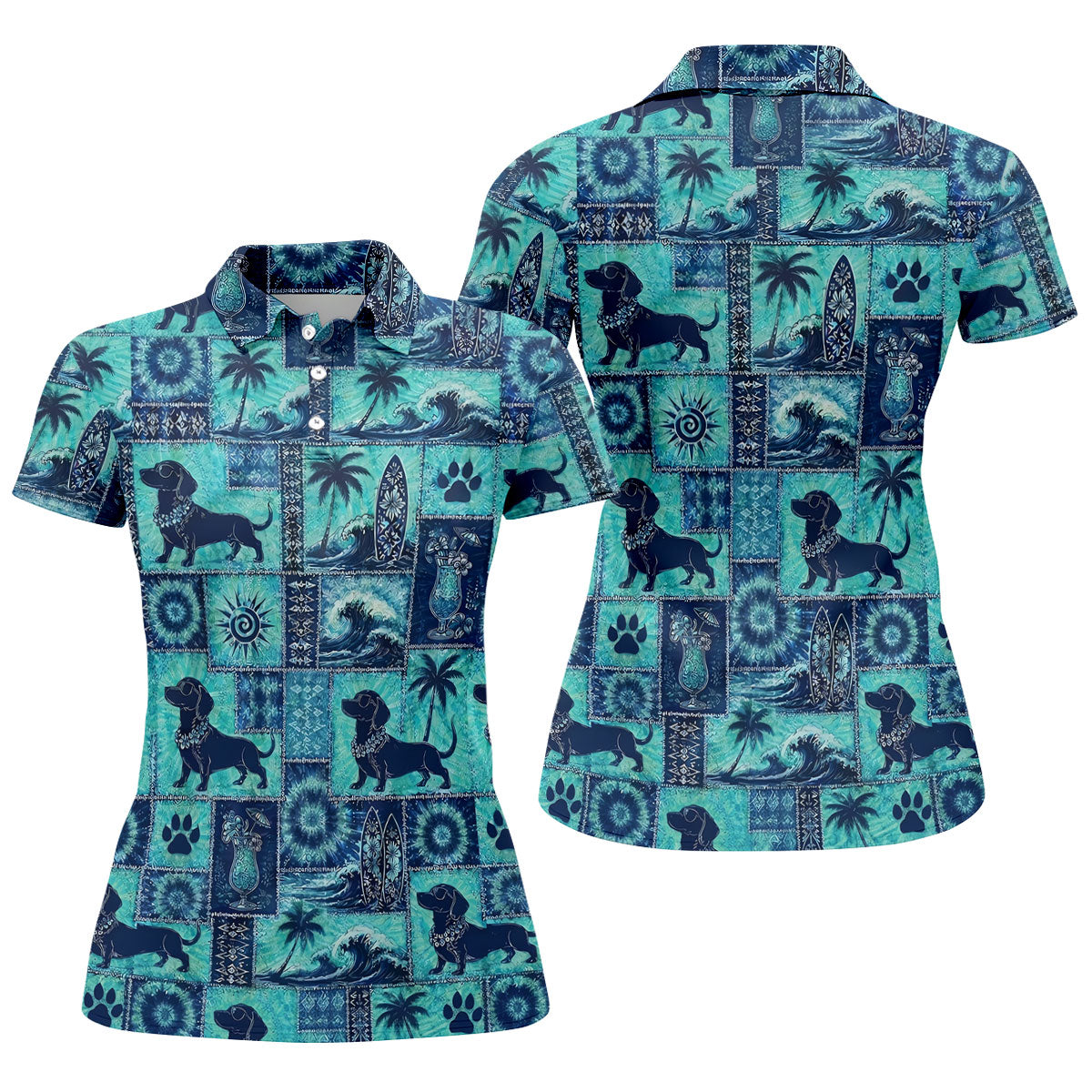Funny Tropical Dog Surf Patchwork Golf Polo Shirt, Womens Golf Tops, Ladies Golf Top