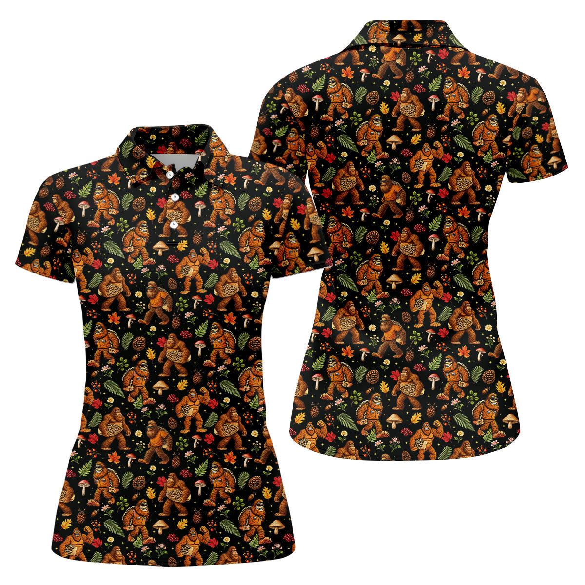 Autumn Bigfoot Forest Pattern Polo Shirt, Women’s Golf Apparel, Hawaiian Golf Shirt, Golf Tops For Women