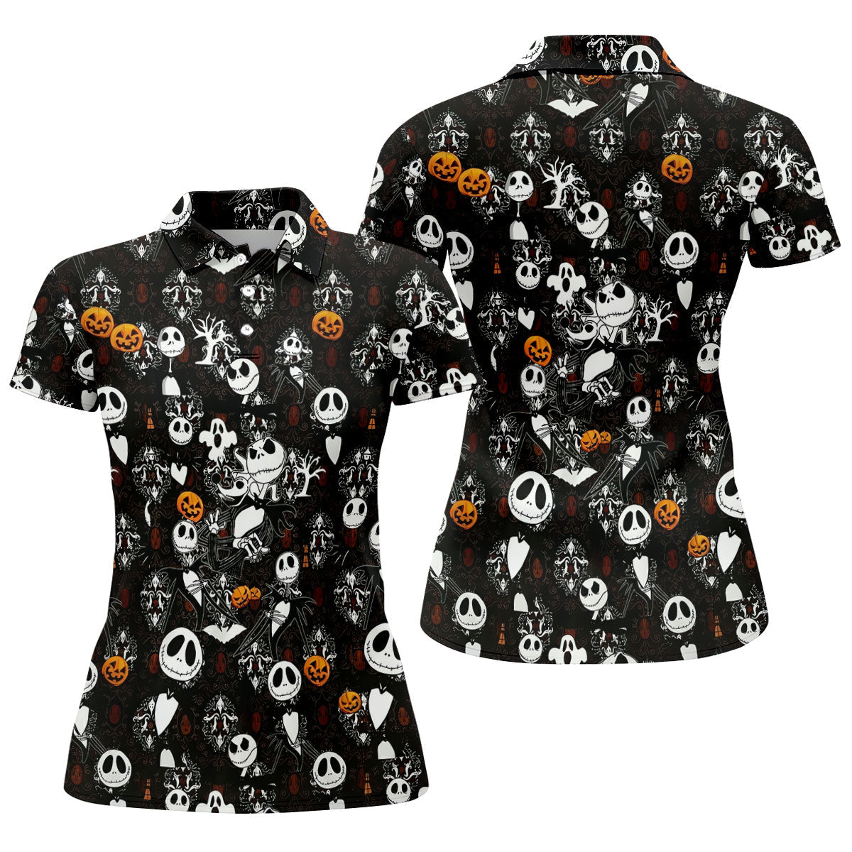 Halloween Pumpkin Skeleton Pattern Golf Polo Shirt, Golf Shirts For Women, Ladies Golf Tops