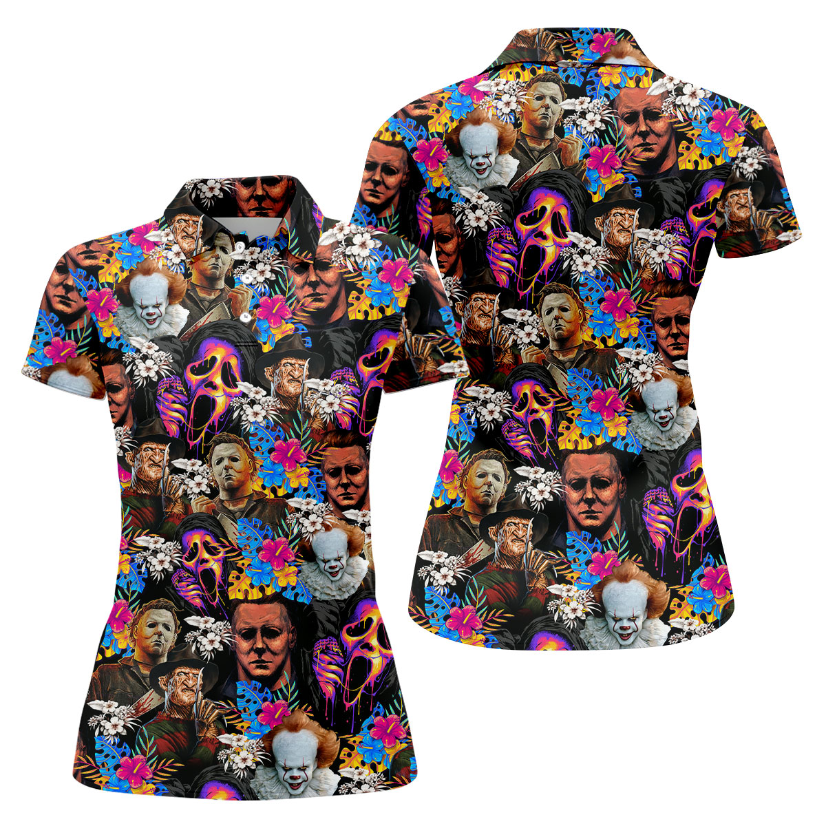Tropical Horror Character Hawaiian Golf Shirt, Women's Golf Polo, Halloween Golf Shirt