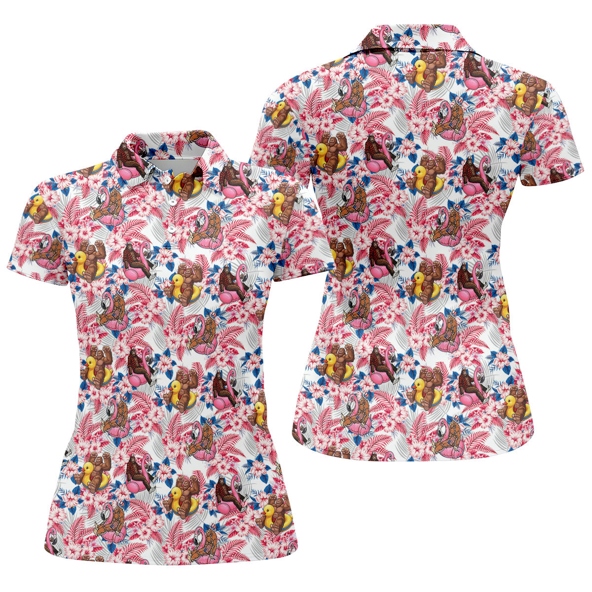 Funny Bigfoot Pool Party Hawaiian Golf Shirt, Red White Blue Tropical Flamingo Golf Shirt For Women