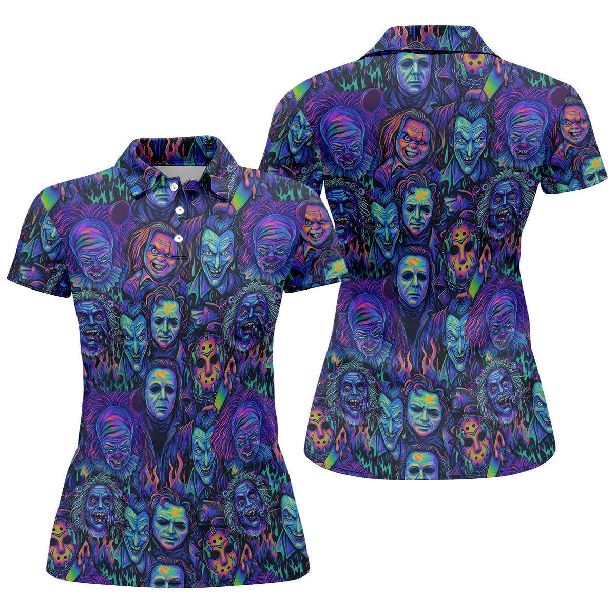 Neon Horror Character Villains Halloween Golf Shirt, Women's Golf Polo, Ladies Golf Tops