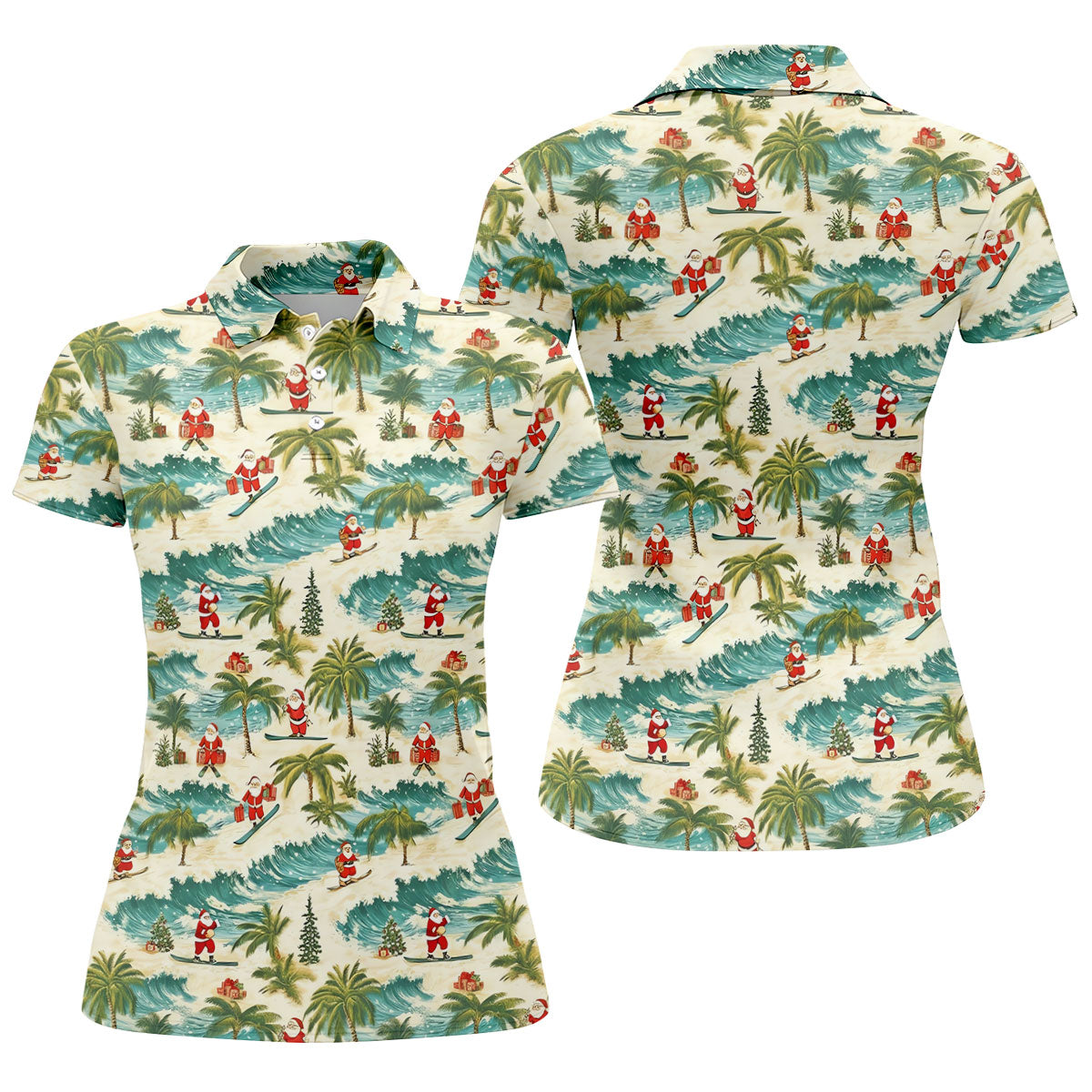 Christmas Santa Surfing Tropical Hawaiian Golf Shirt, Golf Shirts For Women, Performance Golf Shirt