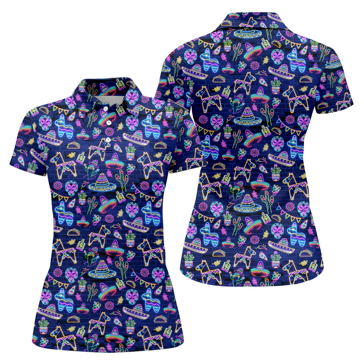 Mexican Holiday Symbols Neon Pattern Cinco De Mayo Celebration Fiesta Themed Golf Shirt For Women