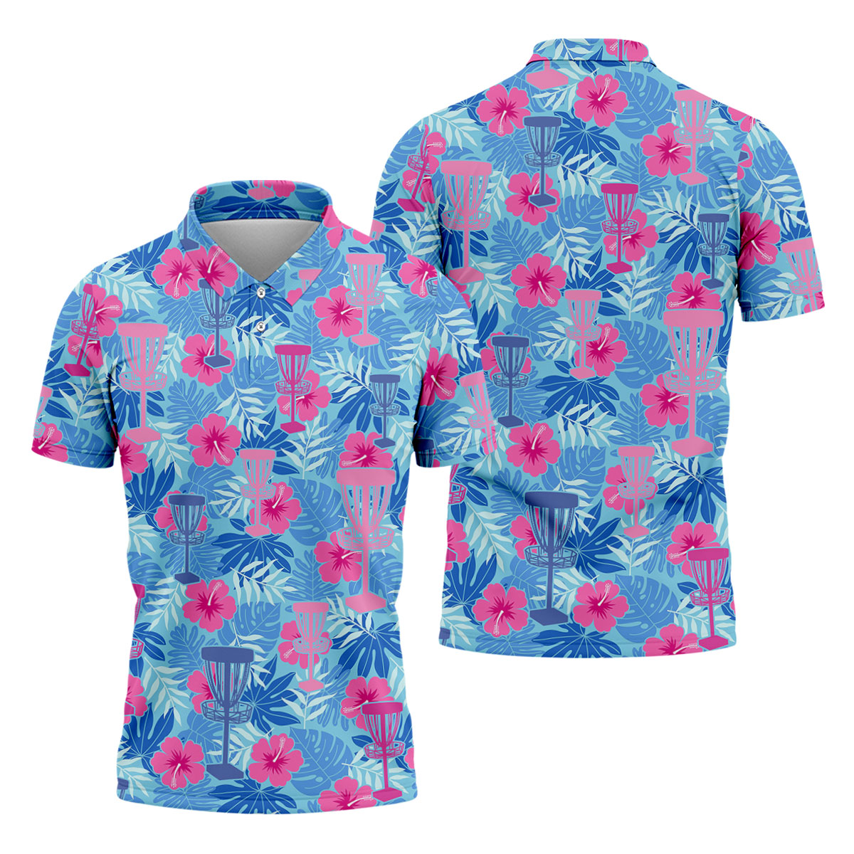 Blue Hibiscus Disc Golf Polo Shirt, Hawaiian Golf Shirt, Mens Golf Shirts