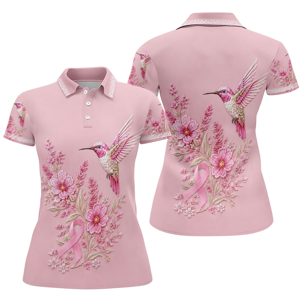 Hummingbird Floral Breast Cancer Ribbon Polo Shirt, Ladies Golf Tops, Golf Shirts For Women