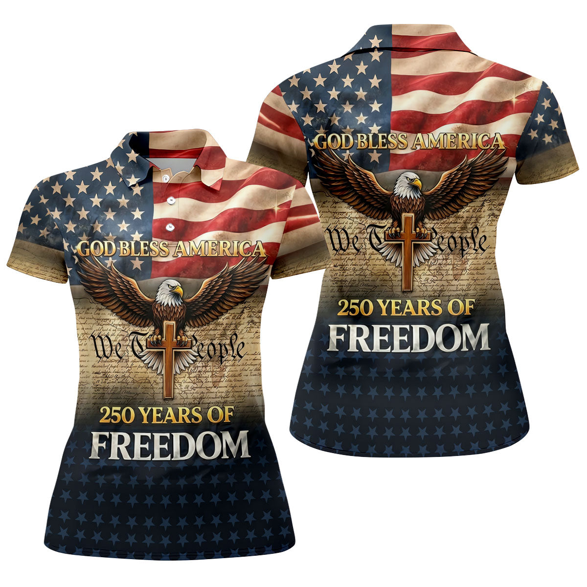 God Bless America 250 Years Of Freedom Retro Golf Shirt, Patriotic 4th Of July Golf Shirt For Women