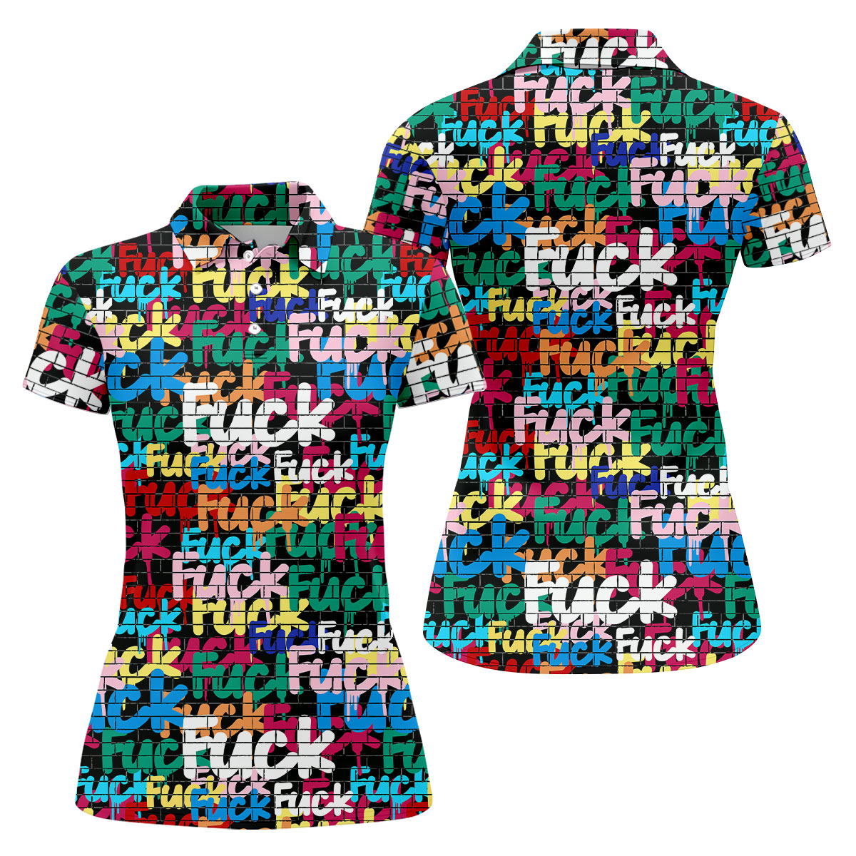 Bold Colorful Fuck Graffiti Typography Golf Shirt, Women's Golf Tops, Golf Shirts For Women