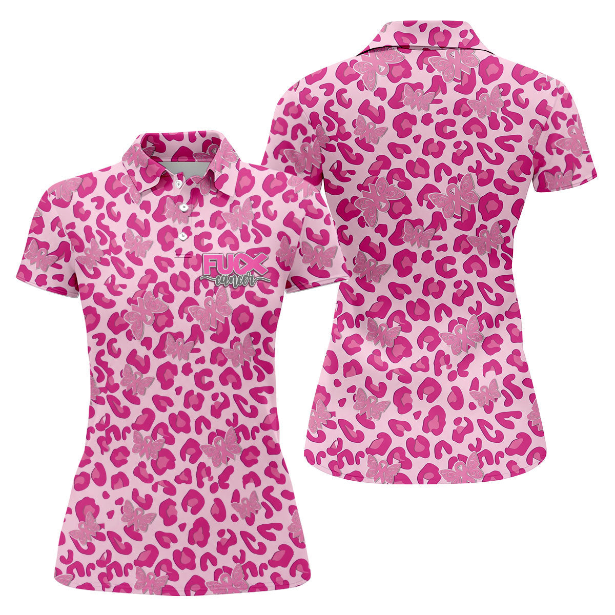 F*ck Cancer Leopard Butterfly Breast Cancer Polo Shirt, Women’s Golf Polo, Ladies Golf Top