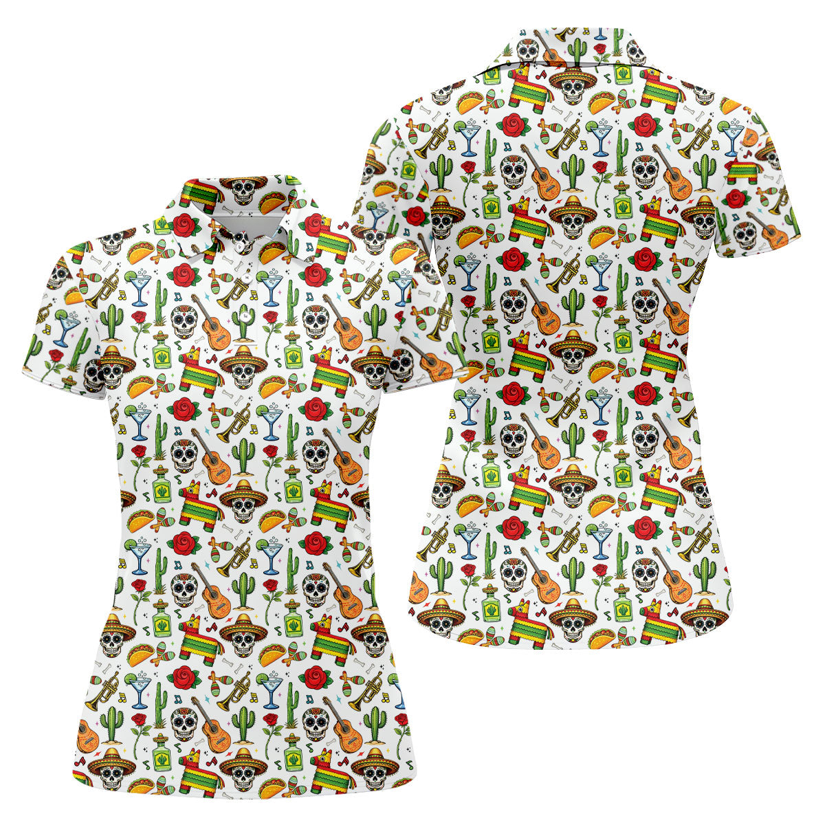 Decorated Skulls Party Items Cinco De Mayo Celebration Fiesta Themed White Golf Shirt For Women