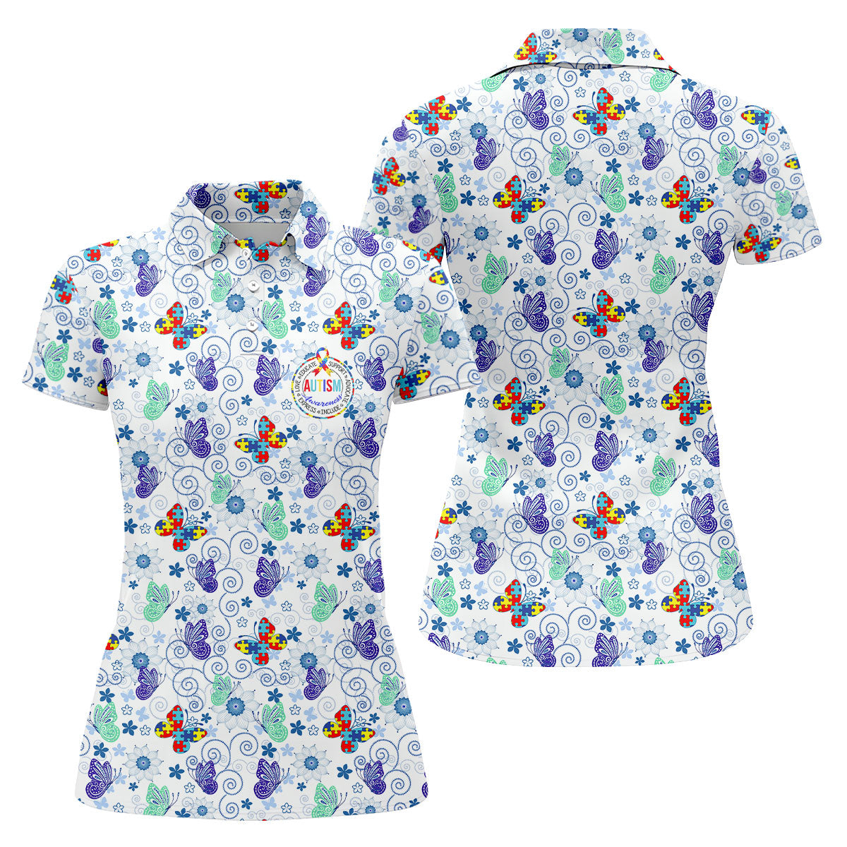 Autism Awareness Colors Puzzles Butterfly Floral Golf Shirt, Women's Golf Tops, Ladies Golf Shirts