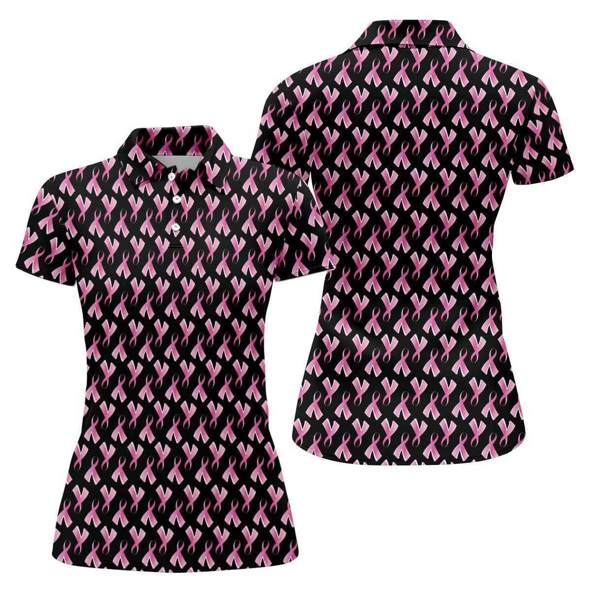 Pink Ribbon Pattern Breast Cancer Polo Shirt, Women’s Golf Polo, Ladies Golf Shirts