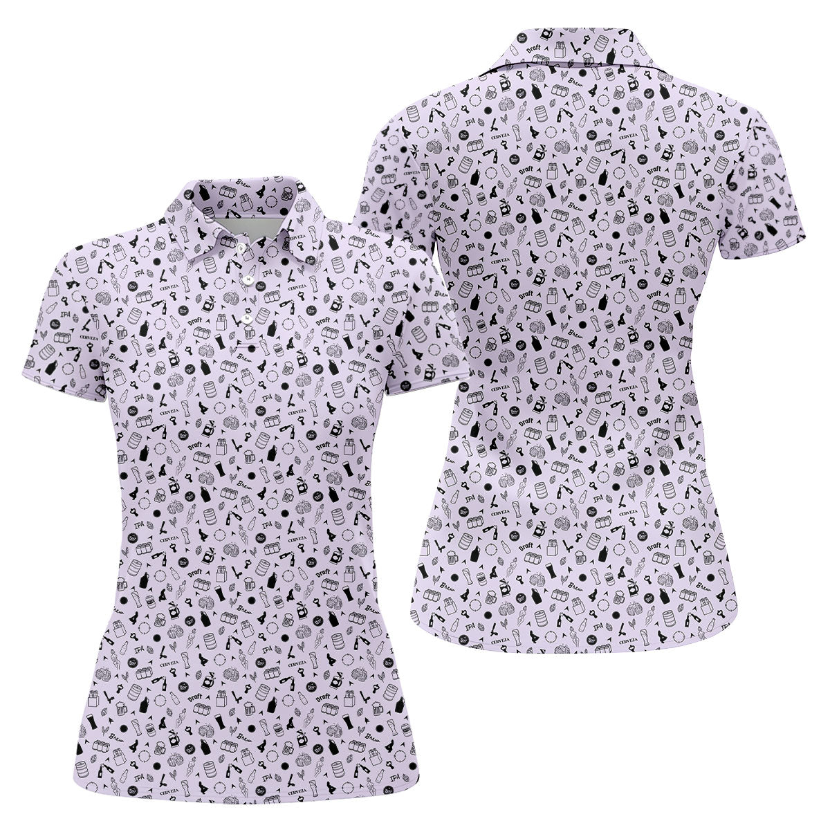 Light Purple Beer Brewing Icons Pattern Polo Shirt, Women’s Golf Apparel, Performance Golf Shirt