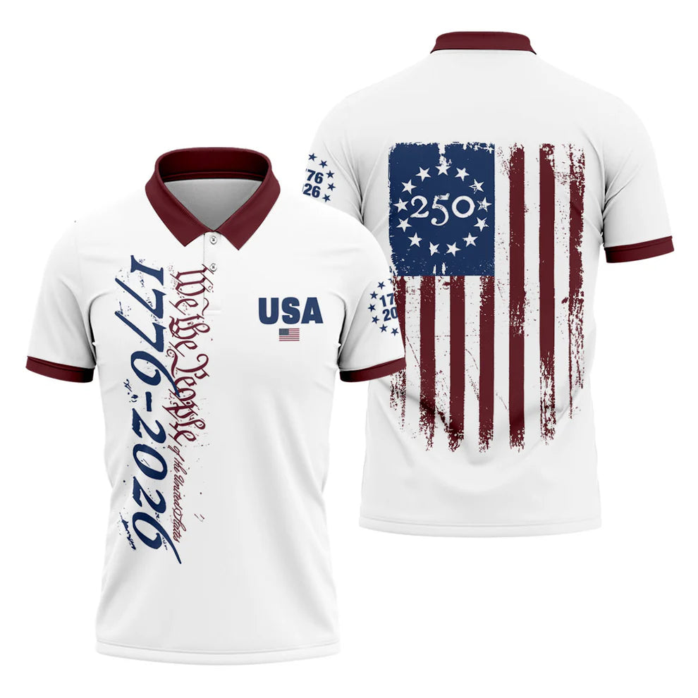We The People 1776-2026 Patriotic Golf Polo - America 250th Anniversary Men's White Shirt, Betsy Ross Flag Style