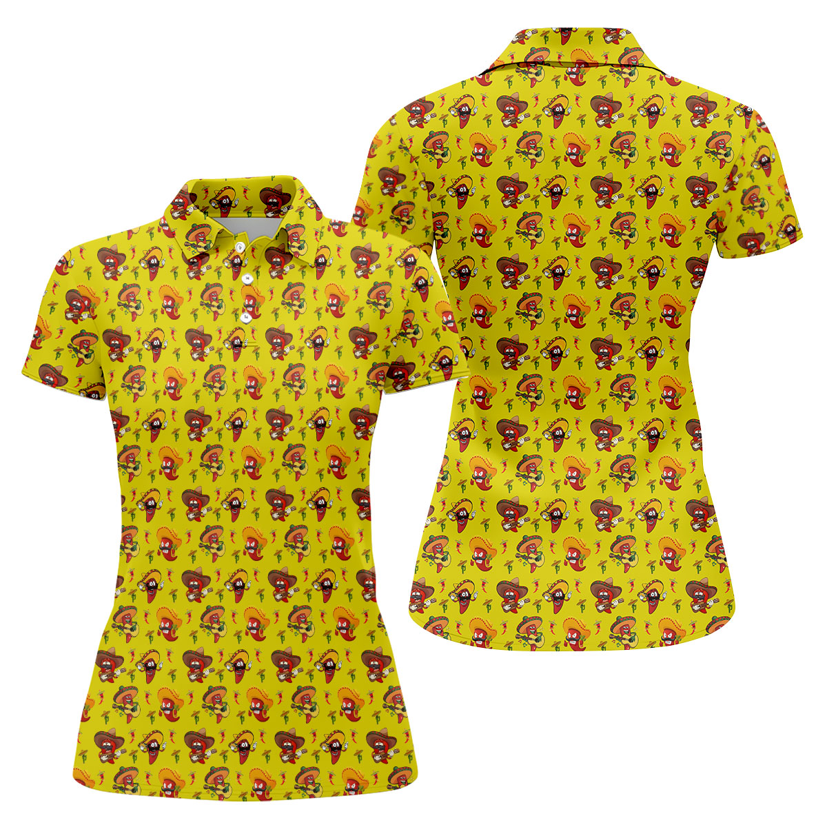 Cartoon Chili Pepper Mexican Sombrero Cinco De Mayo Celebration Fiesta Themed Golf Shirt For Women