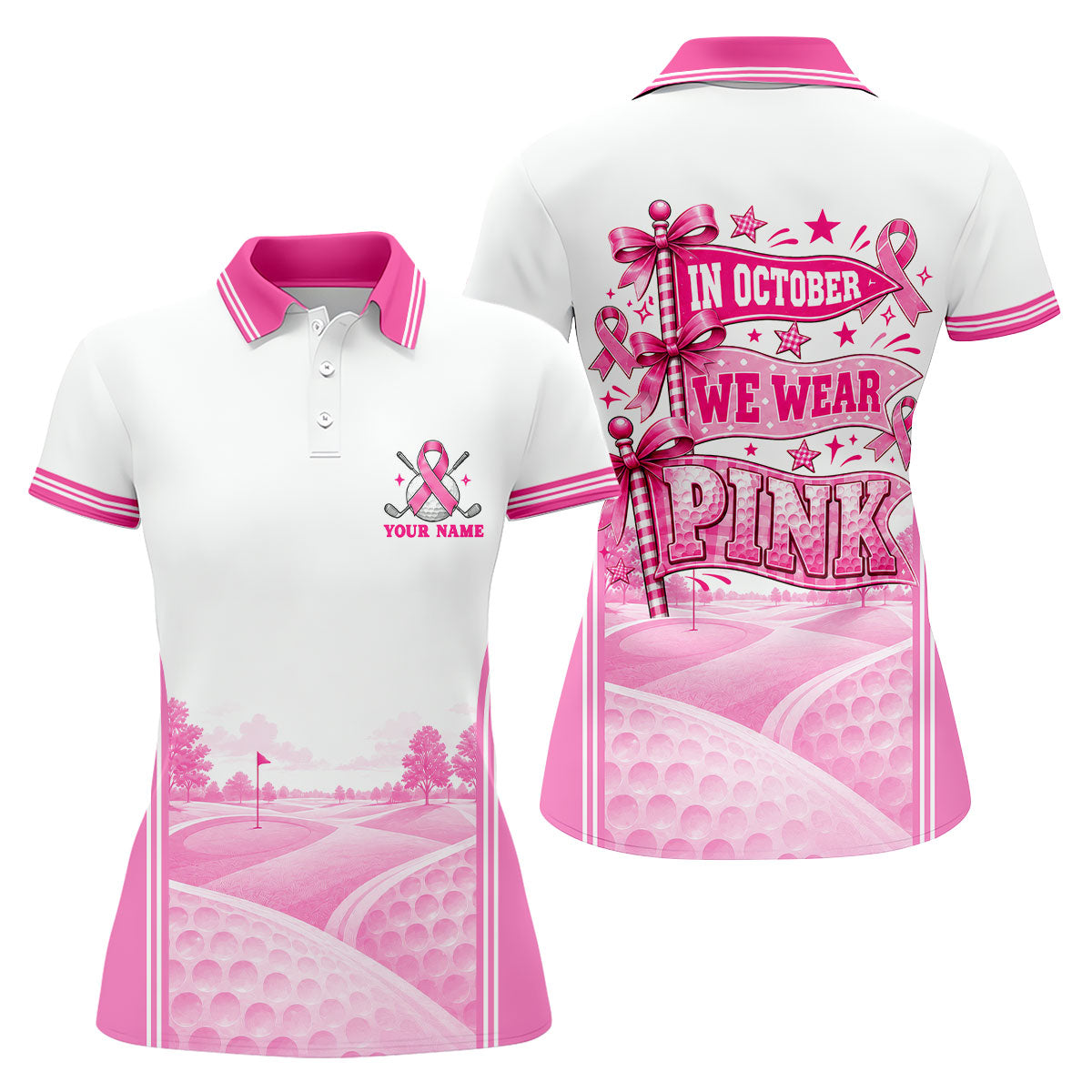 In October We Wear Pink Breast Cancer Polo Shirt, Golf Tops For Women, Ladies Golf Tops