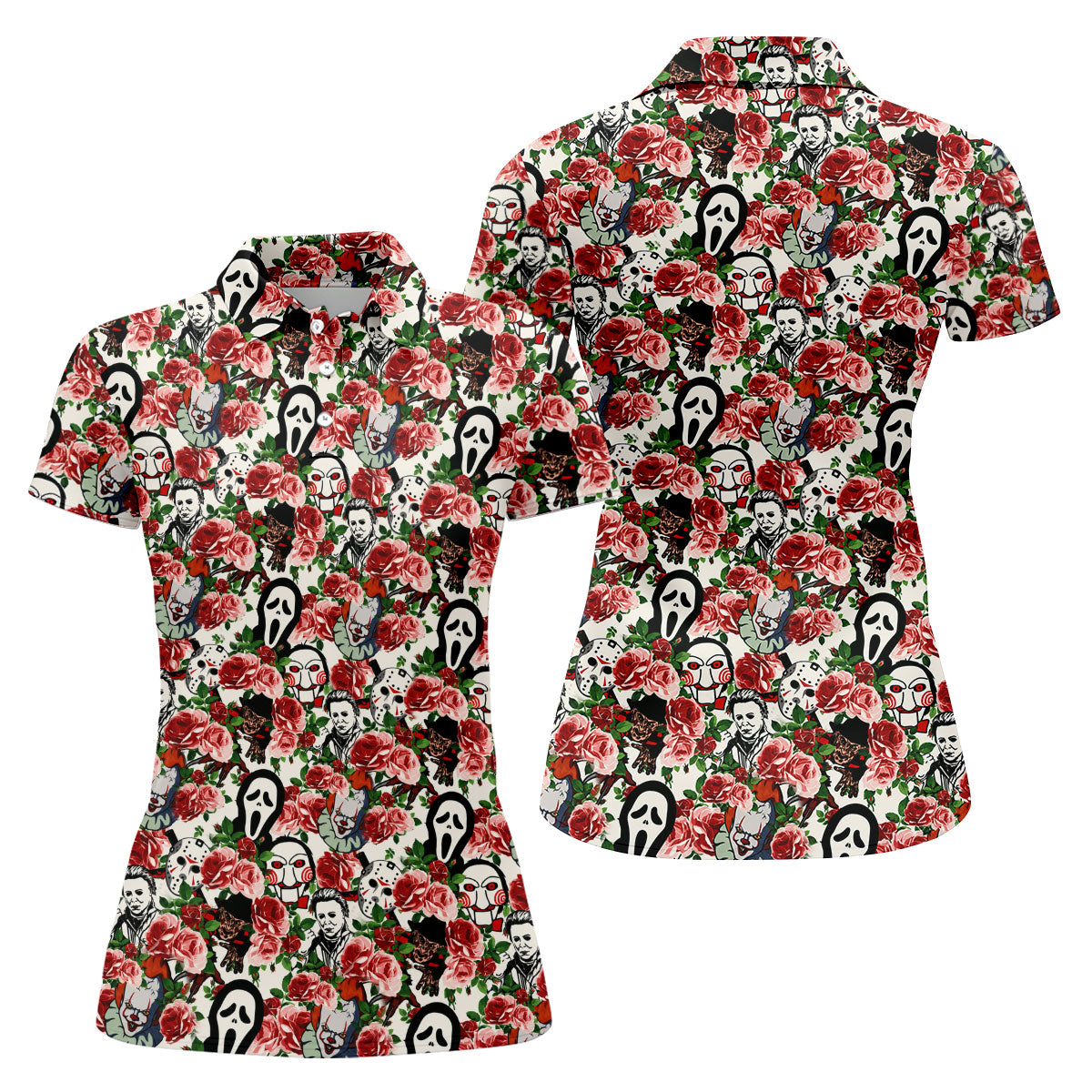 Rose Horror Character Collage Halloween Golf Shirt, Ladies Golf Tops, Women's Golf Apparel