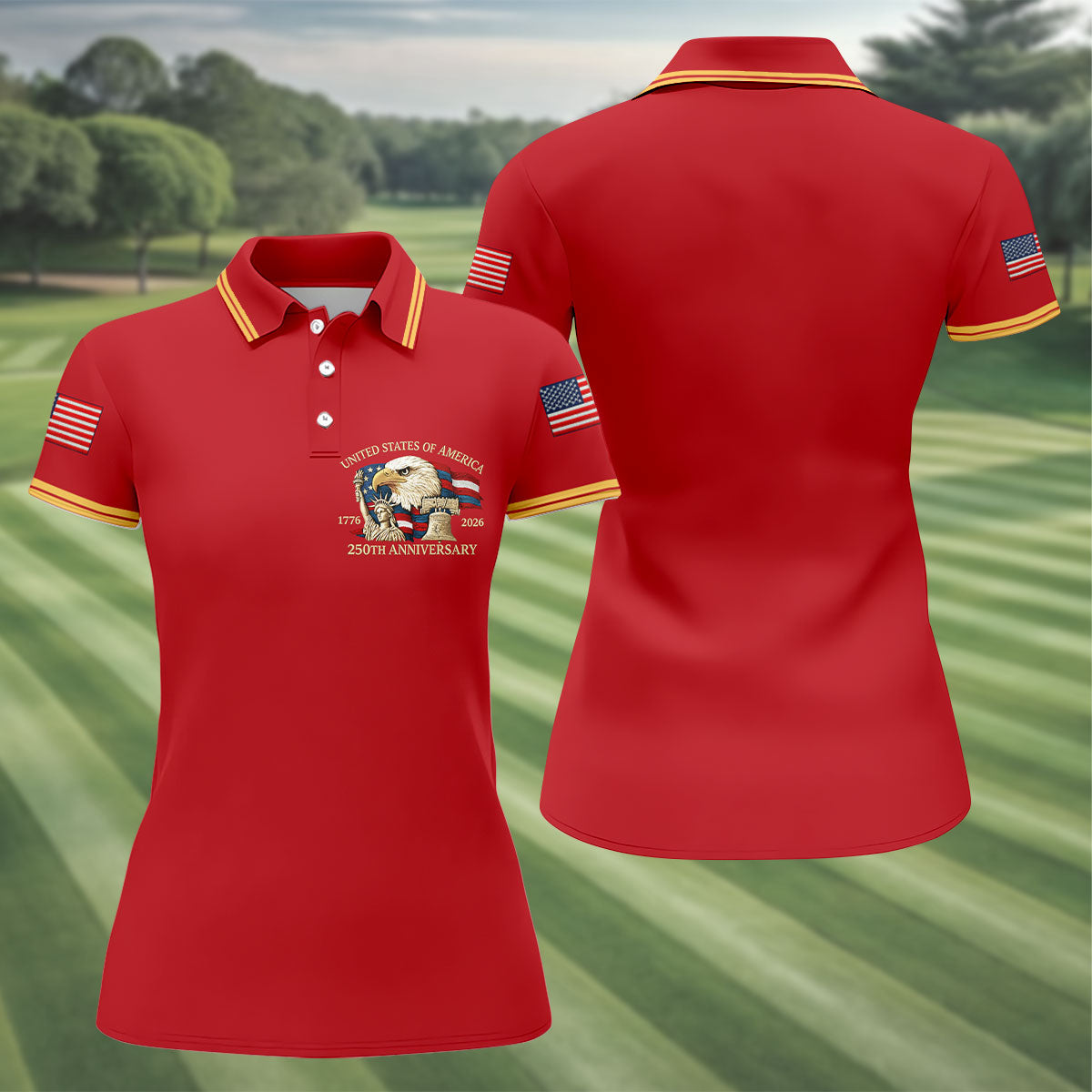Bald Eagle American Flag 250 Years Red Golf Shirt, Patriotic 4th Of July Golf Shirt For Women
