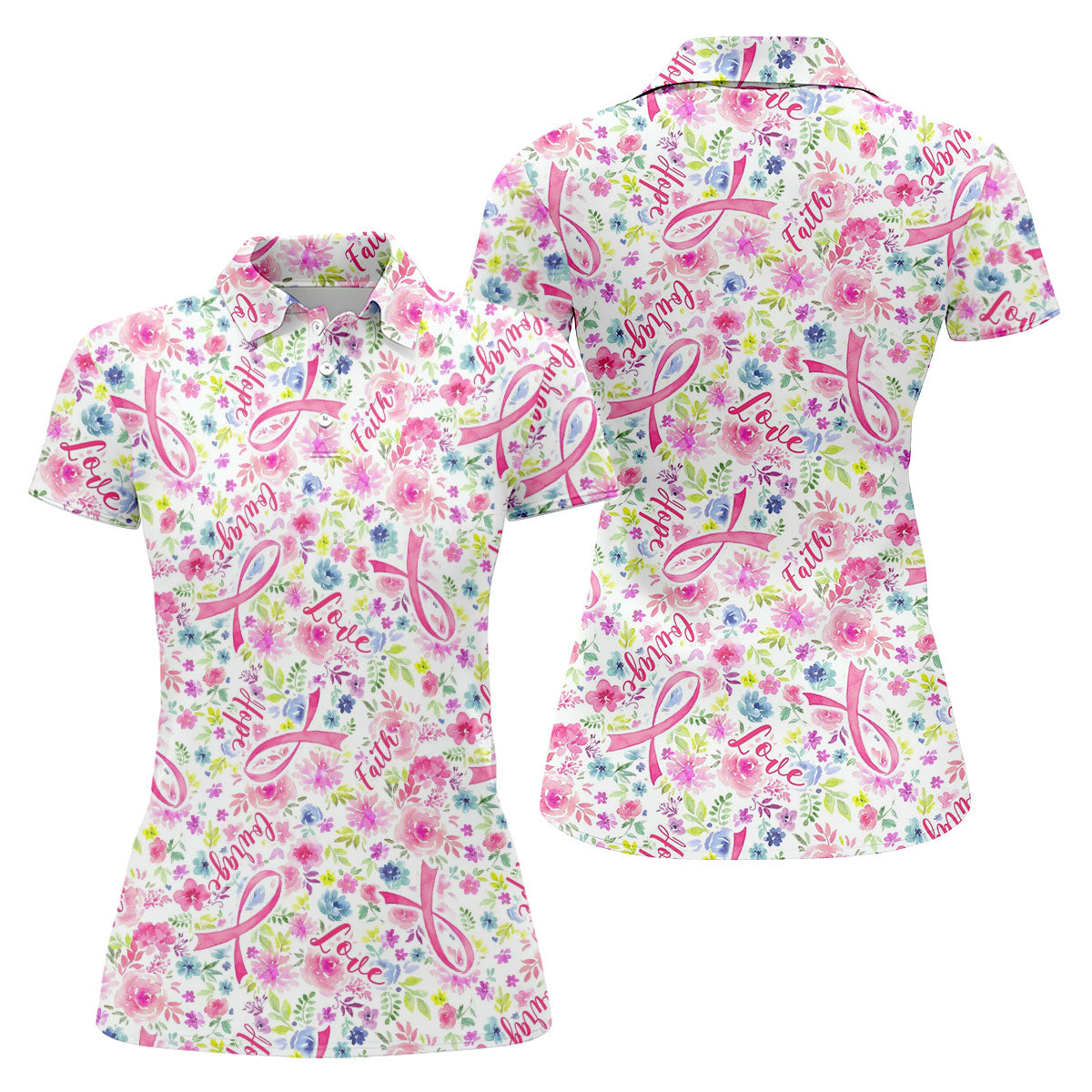 Faith Hope Love Floral Breast Cancer Polo Shirt, Golf Tops For Women, Printed Golf Shirt
