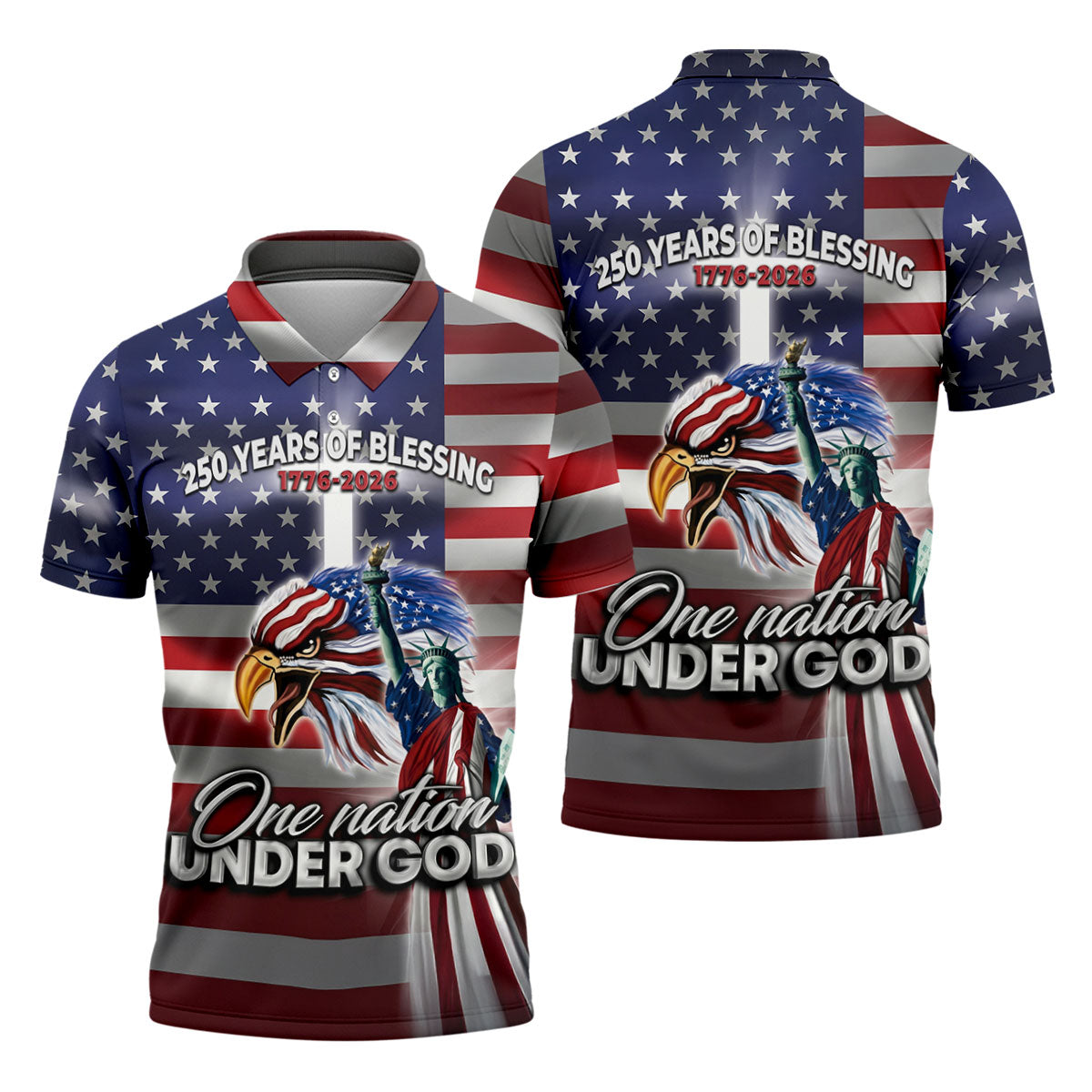 One Nation Under God 250 Years Of Blessing US Flag Golf Shirt, 4th Of July Golf Shirts For Men
