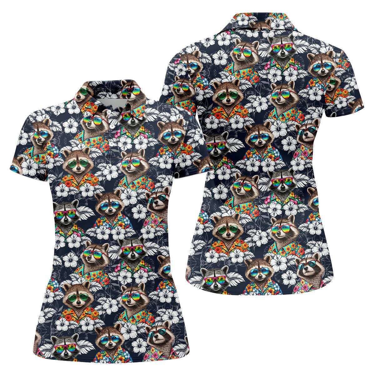 Cool Raccoons in Rainbow Sunglasses Hawaiian Golf Polo, Golf Tops For Women, Golfing Apparel