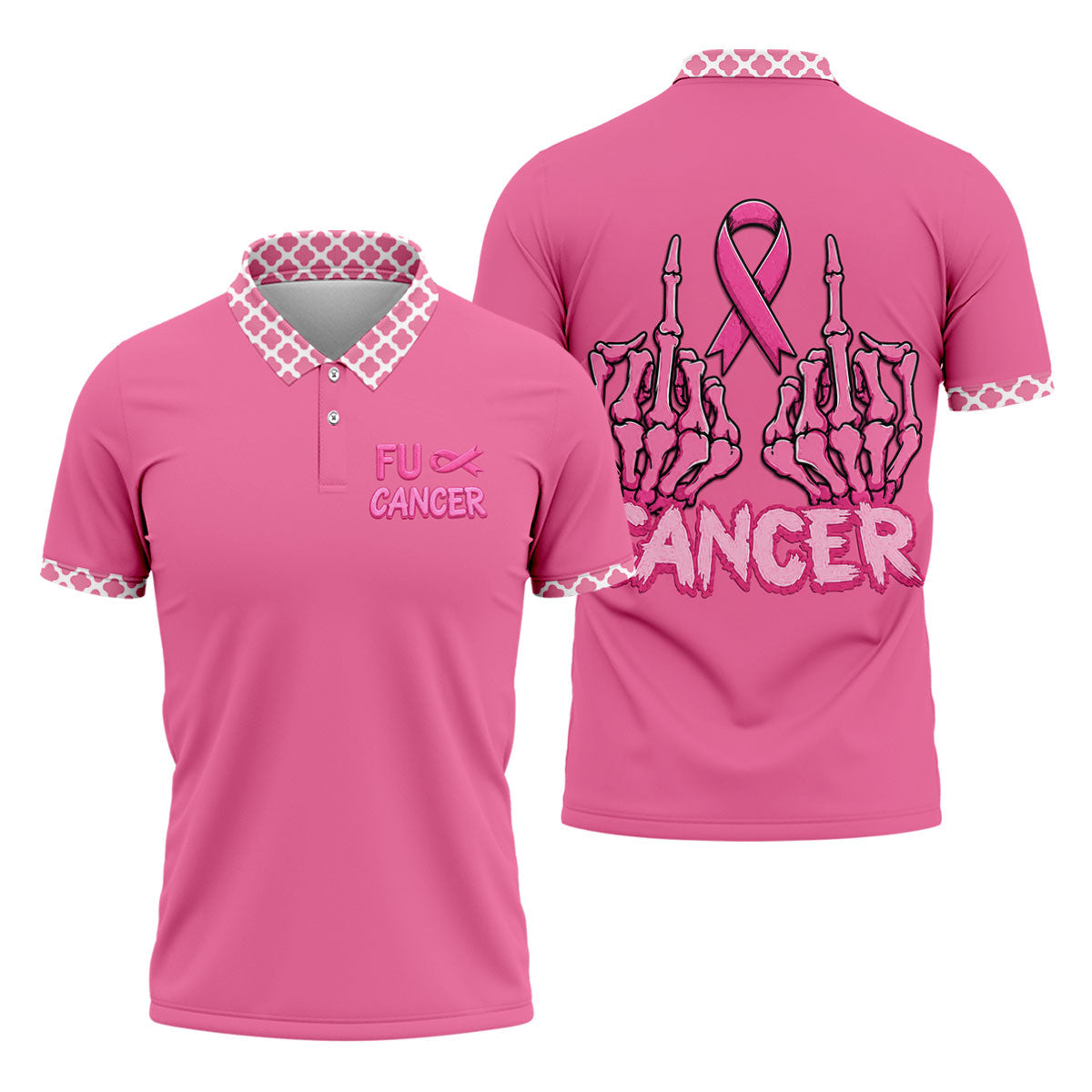 Pink F Cancer Skeleton Middle Finger Breast Cancer Polo Shirt, Men's Golf Shirt, Printed Golf Shirts