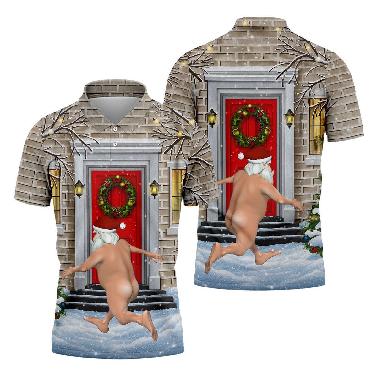 Men's Streaking Santa Doorbell Golf Shirt, Christmas Golf Shirt, Golf Apparel For Men