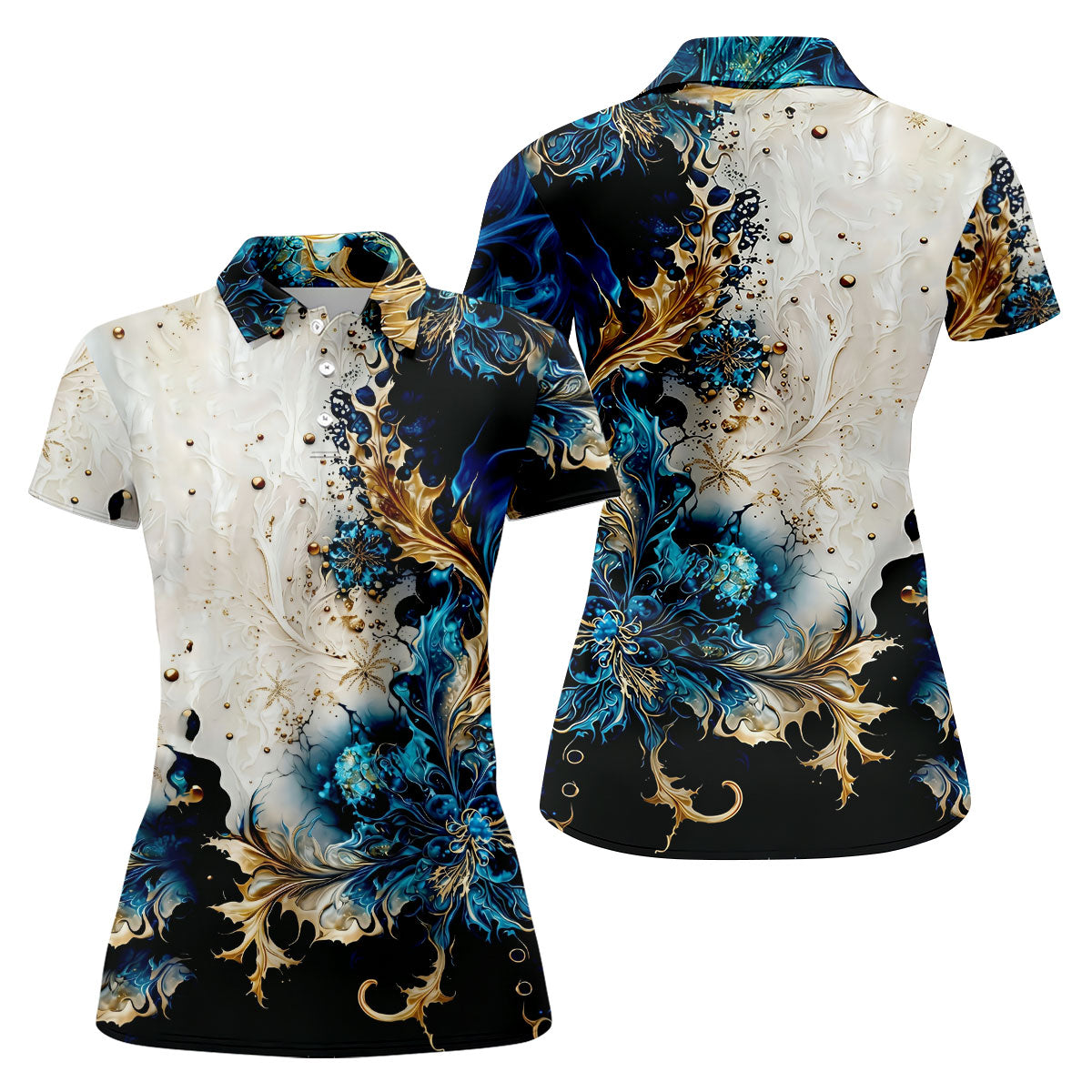 Metallic Flower Fractal Art Hawaiian Golf Shirt, Retro Golf Shirt, Women's Golf Tops